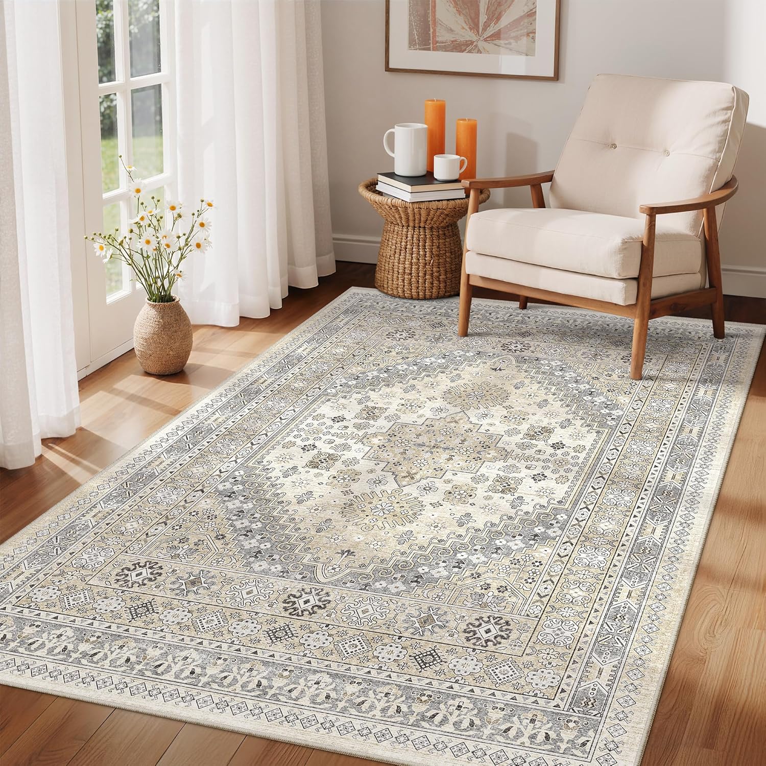 zesthome 9x12 Area Rugs for Girls Bedroom, Low Pile Machine Washable Rugs, Vintage Large Pink Rugs, Stain Resistant Nursery Room Rug, Baby Crawling Rug (Pink/Blue,9'x12')