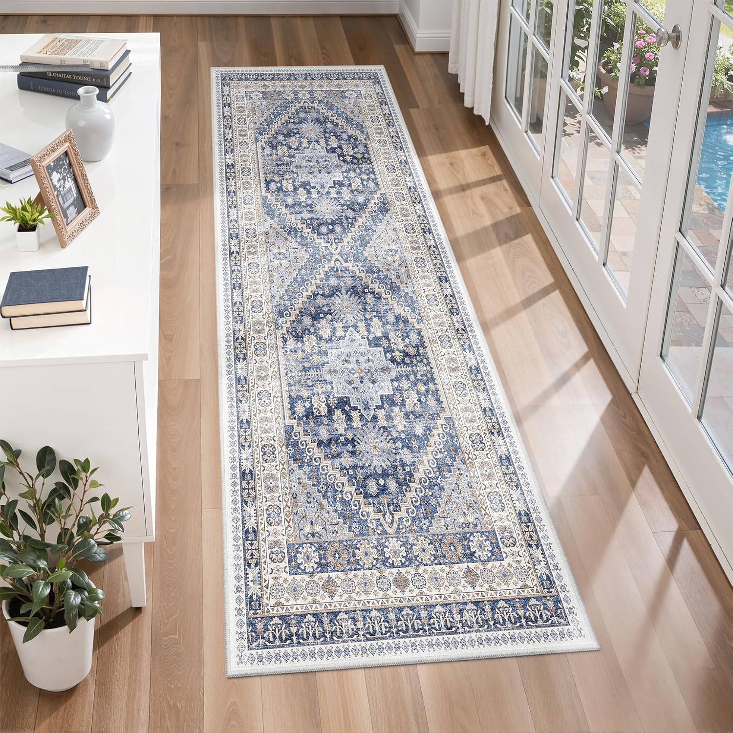 zesthome 9x12 Area Rugs for Girls Bedroom, Low Pile Machine Washable Rugs, Vintage Large Pink Rugs, Stain Resistant Nursery Room Rug, Baby Crawling Rug (Pink/Blue,9'x12')