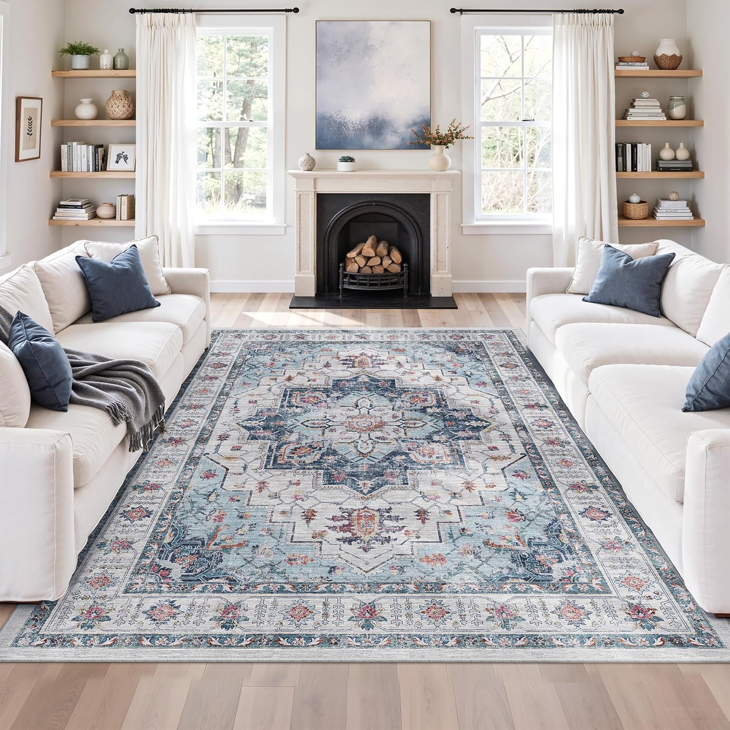 zesthome 9x12 Area Rugs for Girls Bedroom, Low Pile Machine Washable Rugs, Vintage Large Pink Rugs, Stain Resistant Nursery Room Rug, Baby Crawling Rug (Pink/Blue,9'x12')