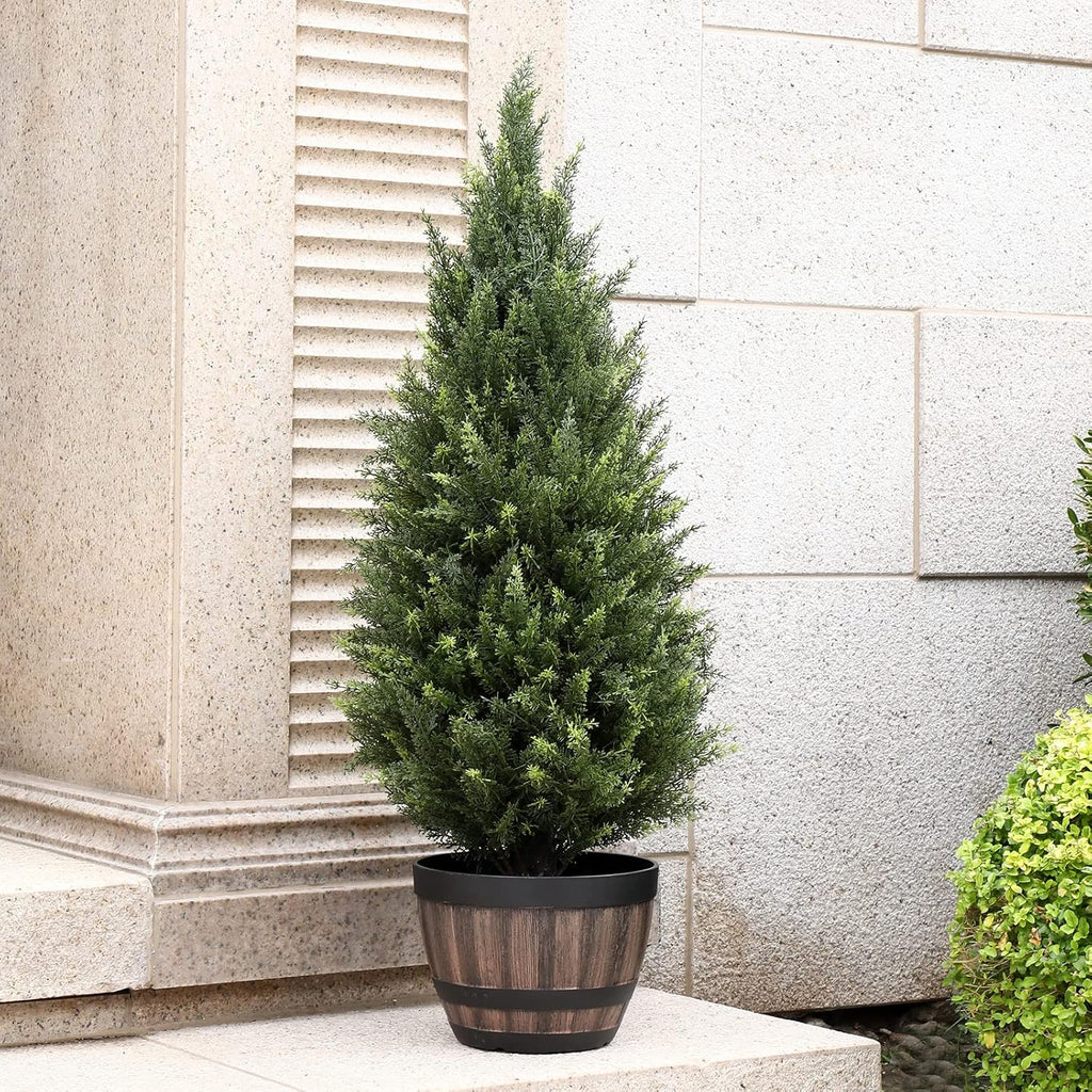 3ft(35”) Artificial Cedar Outdoor Artificial Shrub Sunlight Resistant Leafy Potted Plant for Indoor Porch of Home and Office Artificial Outdoor Tree 2 Pieces a Set Topiary Trees