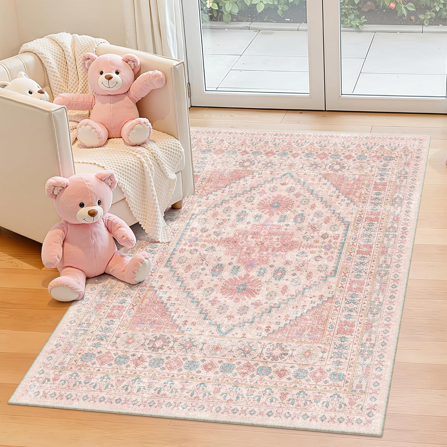 zesthome 9x12 Area Rugs for Girls Bedroom, Low Pile Machine Washable Rugs, Vintage Large Pink Rugs, Stain Resistant Nursery Room Rug, Baby Crawling Rug (Pink/Blue,9'x12')