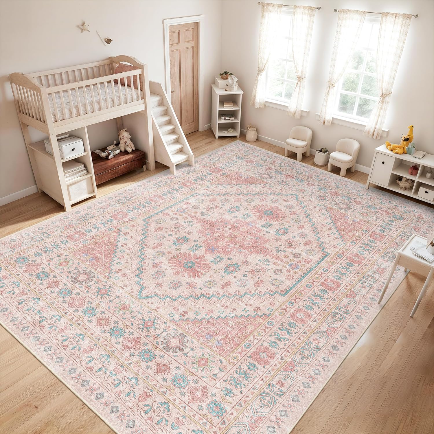 zesthome 9x12 Area Rugs for Girls Bedroom, Low Pile Machine Washable Rugs, Vintage Large Pink Rugs, Stain Resistant Nursery Room Rug, Baby Crawling Rug (Pink/Blue,9'x12')