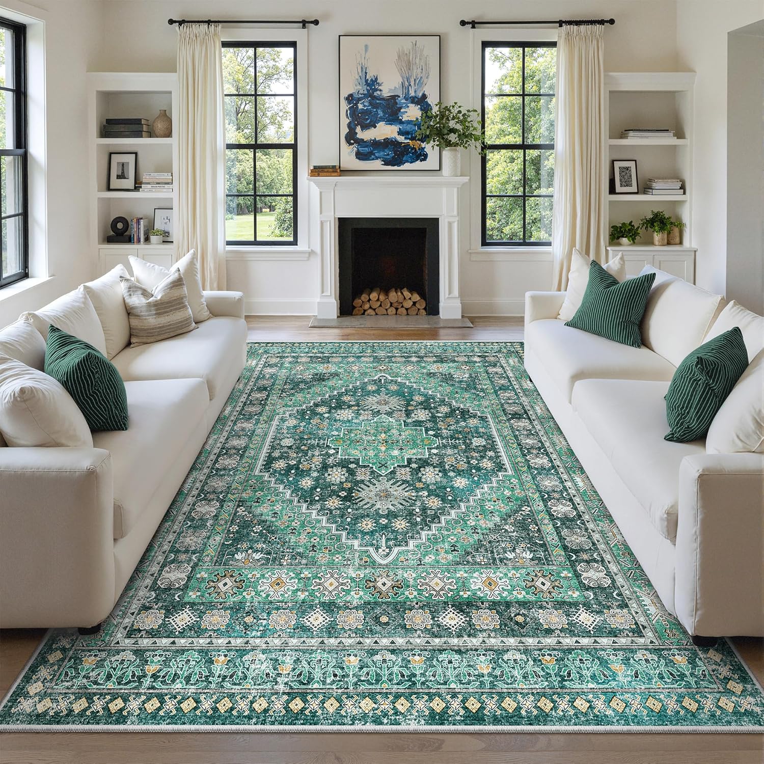 zesthome 9x12 Area Rugs for Girls Bedroom, Low Pile Machine Washable Rugs, Vintage Large Pink Rugs, Stain Resistant Nursery Room Rug, Baby Crawling Rug (Pink/Blue,9'x12')