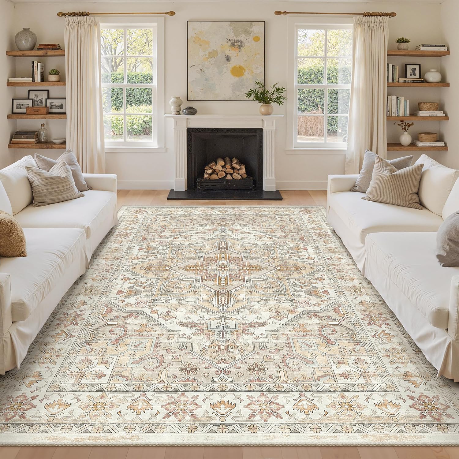 zesthome 9x12 Area Rugs for Girls Bedroom, Low Pile Machine Washable Rugs, Vintage Large Pink Rugs, Stain Resistant Nursery Room Rug, Baby Crawling Rug (Pink/Blue,9'x12')