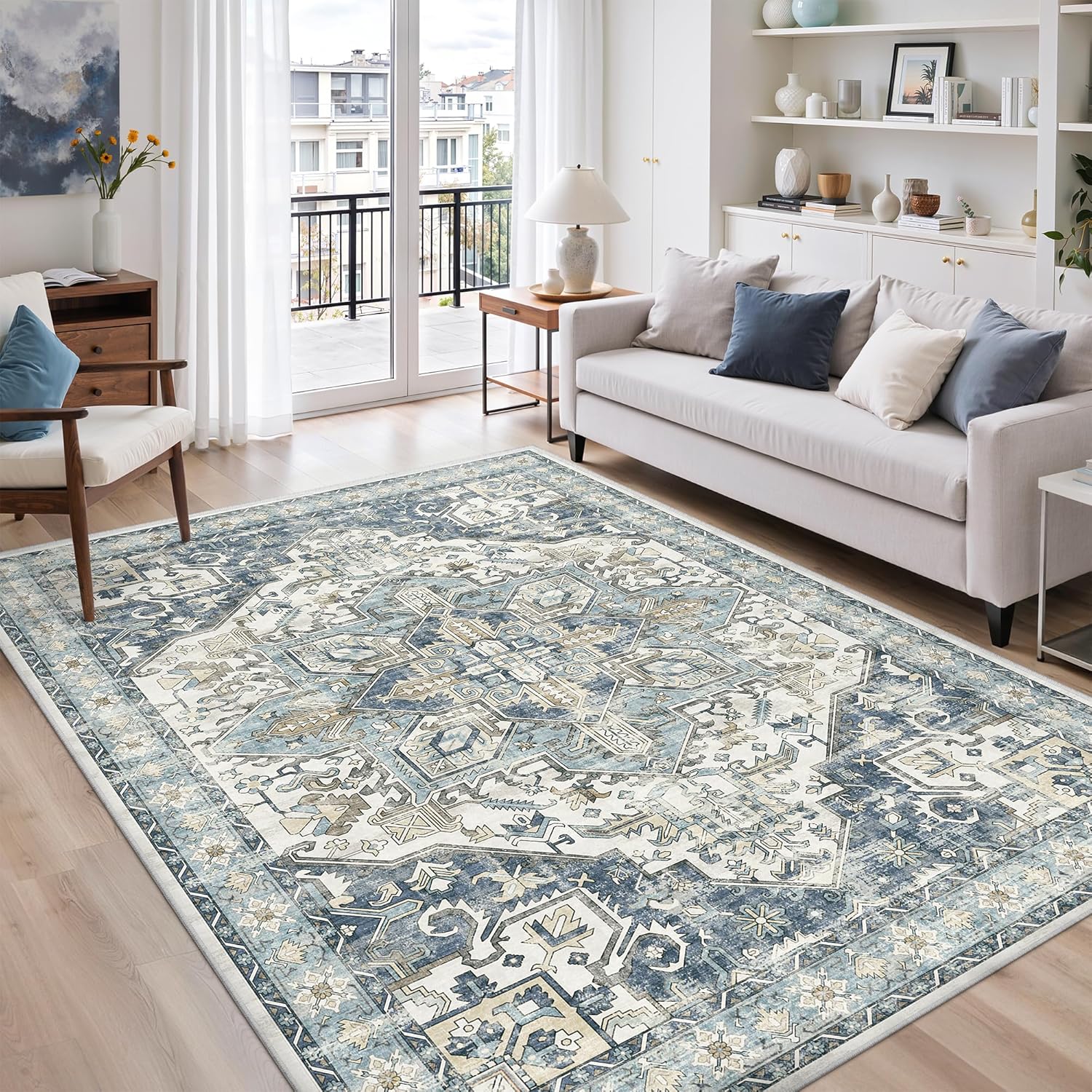 zesthome 9x12 Area Rugs for Girls Bedroom, Low Pile Machine Washable Rugs, Vintage Large Pink Rugs, Stain Resistant Nursery Room Rug, Baby Crawling Rug (Pink/Blue,9'x12')