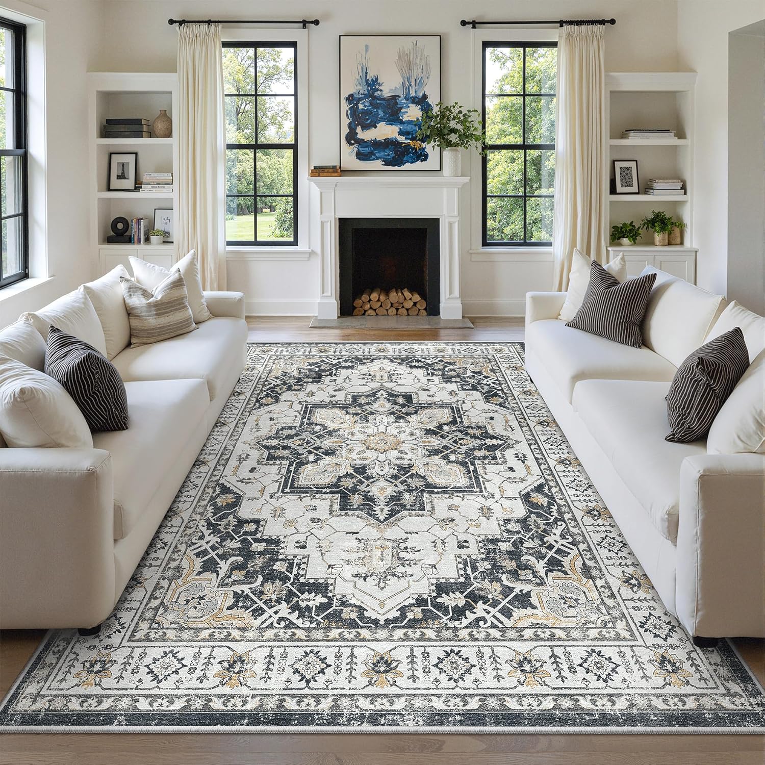 zesthome 9x12 Area Rugs for Girls Bedroom, Low Pile Machine Washable Rugs, Vintage Large Pink Rugs, Stain Resistant Nursery Room Rug, Baby Crawling Rug (Pink/Blue,9'x12')