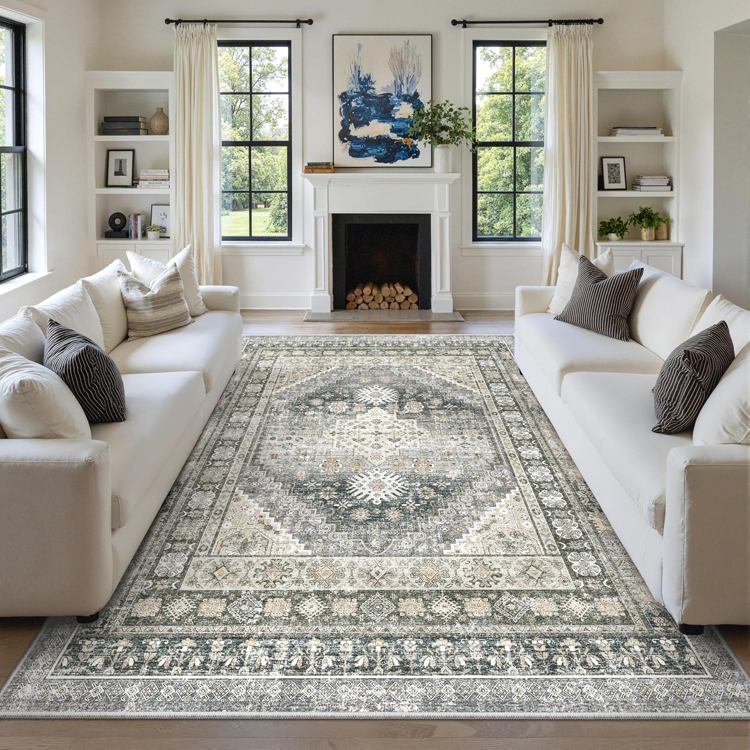 zesthome 9x12 Area Rugs for Girls Bedroom, Low Pile Machine Washable Rugs, Vintage Large Pink Rugs, Stain Resistant Nursery Room Rug, Baby Crawling Rug (Pink/Blue,9'x12')