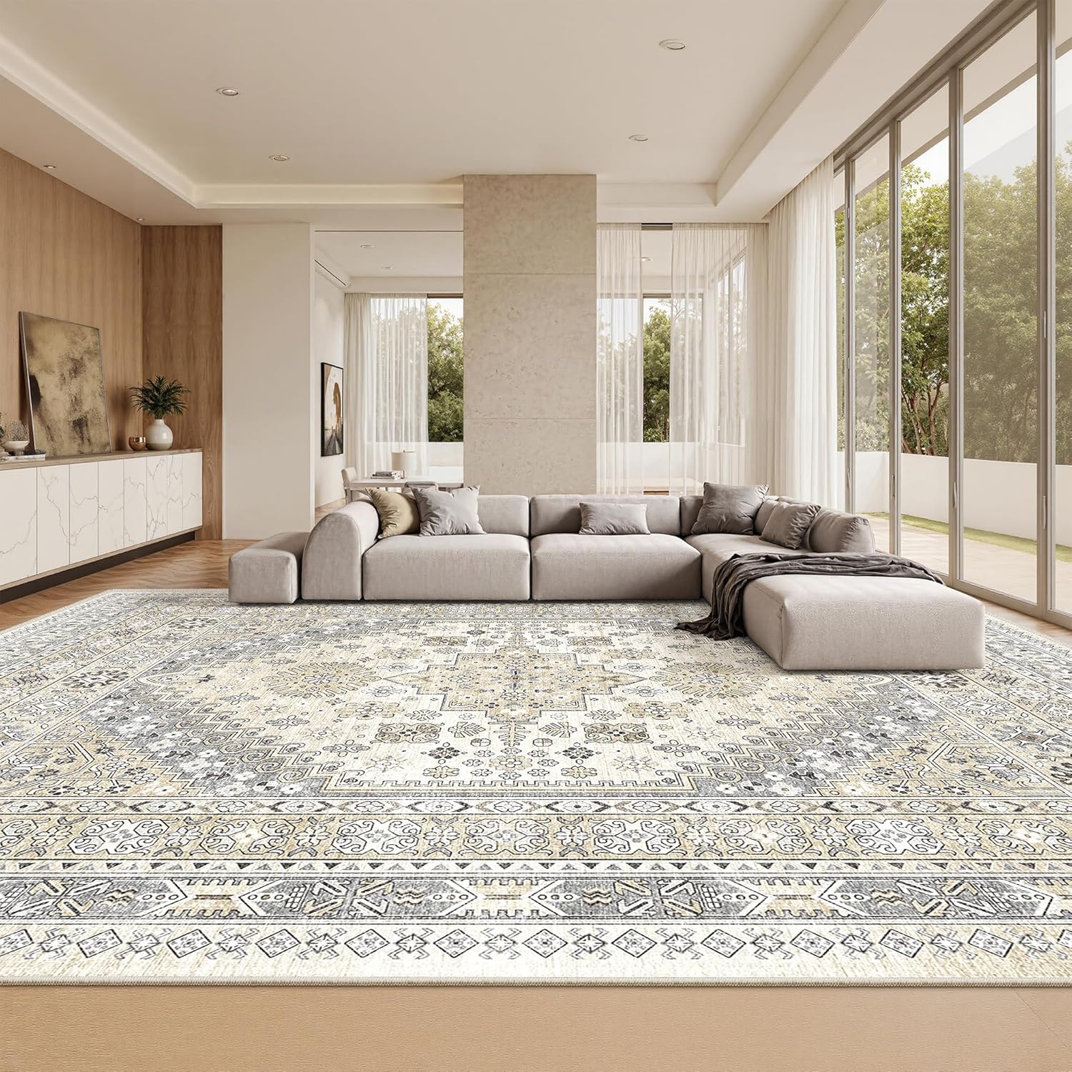 zesthome 9x12 Area Rugs for Girls Bedroom, Low Pile Machine Washable Rugs, Vintage Large Pink Rugs, Stain Resistant Nursery Room Rug, Baby Crawling Rug (Pink/Blue,9'x12')