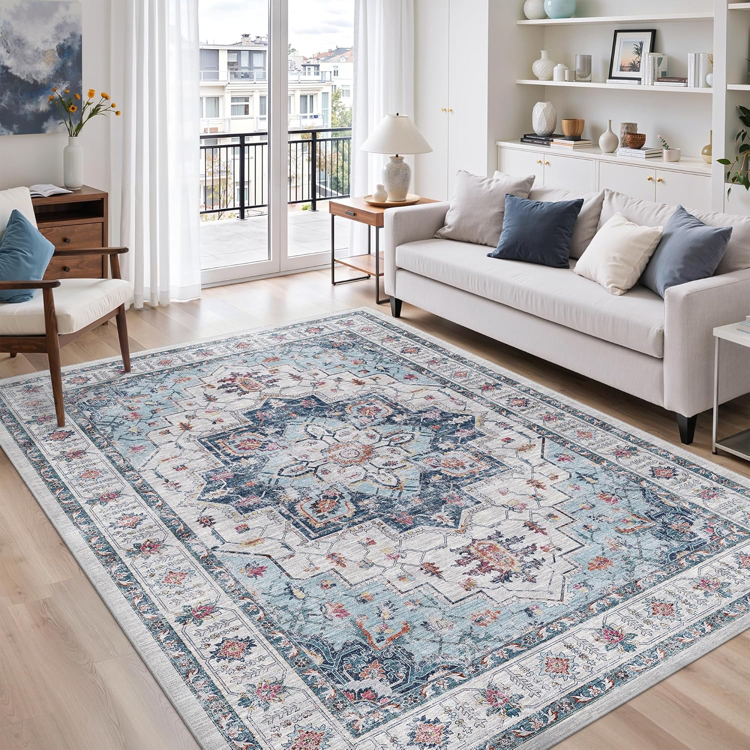 zesthome 9x12 Area Rugs for Girls Bedroom, Low Pile Machine Washable Rugs, Vintage Large Pink Rugs, Stain Resistant Nursery Room Rug, Baby Crawling Rug (Pink/Blue,9'x12')