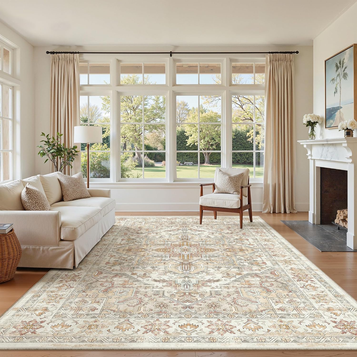 zesthome 9x12 Area Rugs for Girls Bedroom, Low Pile Machine Washable Rugs, Vintage Large Pink Rugs, Stain Resistant Nursery Room Rug, Baby Crawling Rug (Pink/Blue,9'x12')