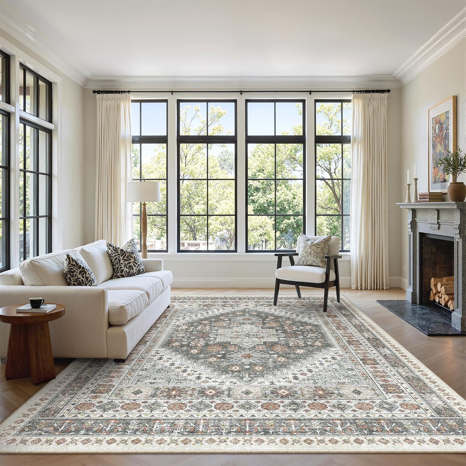 zesthome 9x12 Area Rugs for Girls Bedroom, Low Pile Machine Washable Rugs, Vintage Large Pink Rugs, Stain Resistant Nursery Room Rug, Baby Crawling Rug (Pink/Blue,9'x12')