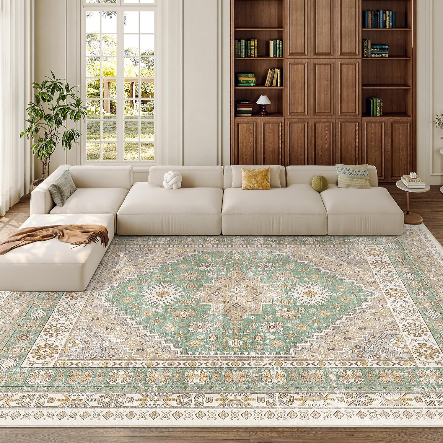 zesthome 9x12 Area Rugs for Girls Bedroom, Low Pile Machine Washable Rugs, Vintage Large Pink Rugs, Stain Resistant Nursery Room Rug, Baby Crawling Rug (Pink/Blue,9'x12')