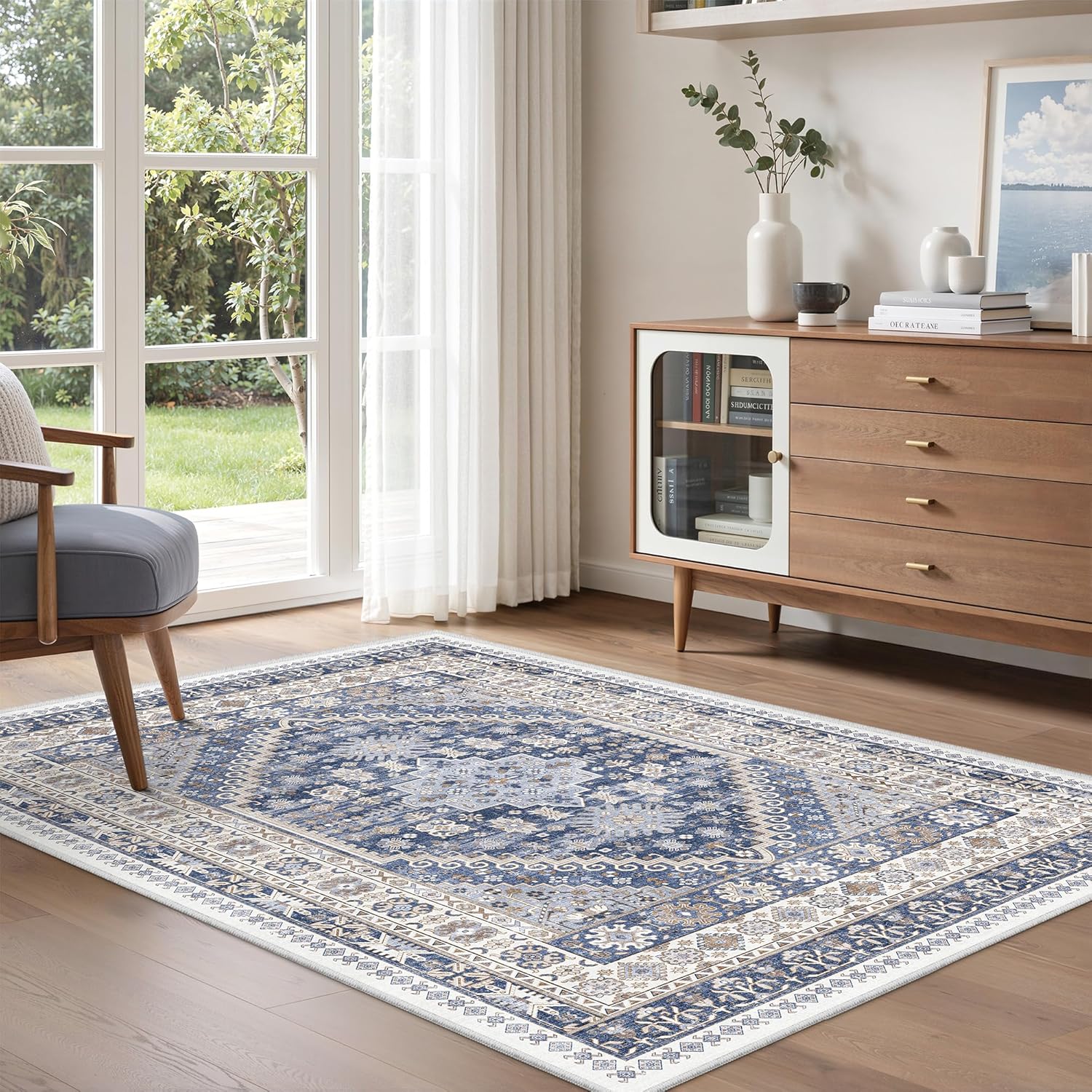 zesthome 9x12 Area Rugs for Girls Bedroom, Low Pile Machine Washable Rugs, Vintage Large Pink Rugs, Stain Resistant Nursery Room Rug, Baby Crawling Rug (Pink/Blue,9'x12')