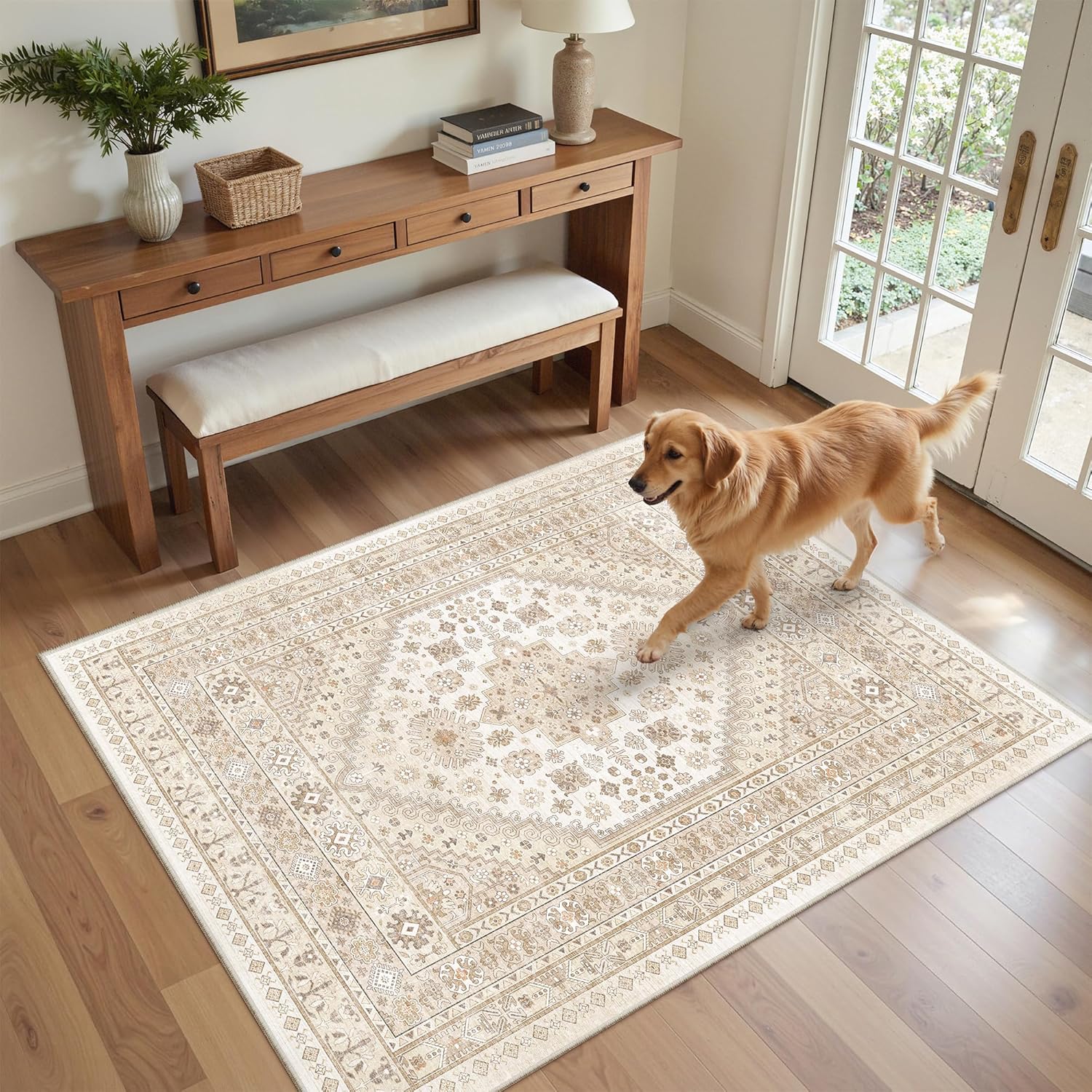 zesthome 9x12 Area Rugs for Girls Bedroom, Low Pile Machine Washable Rugs, Vintage Large Pink Rugs, Stain Resistant Nursery Room Rug, Baby Crawling Rug (Pink/Blue,9'x12')