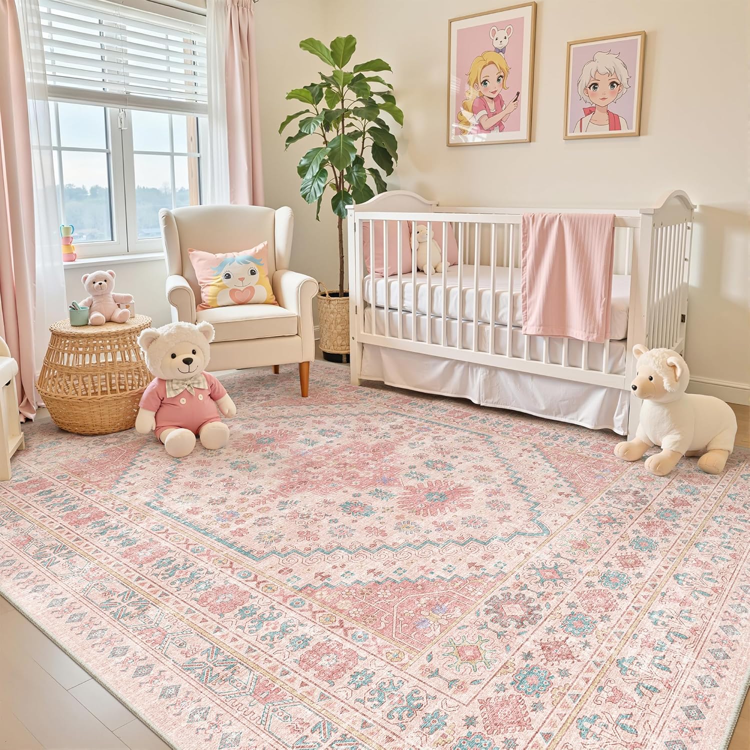 zesthome 9x12 Area Rugs for Girls Bedroom, Low Pile Machine Washable Rugs, Vintage Large Pink Rugs, Stain Resistant Nursery Room Rug, Baby Crawling Rug (Pink/Blue,9'x12')