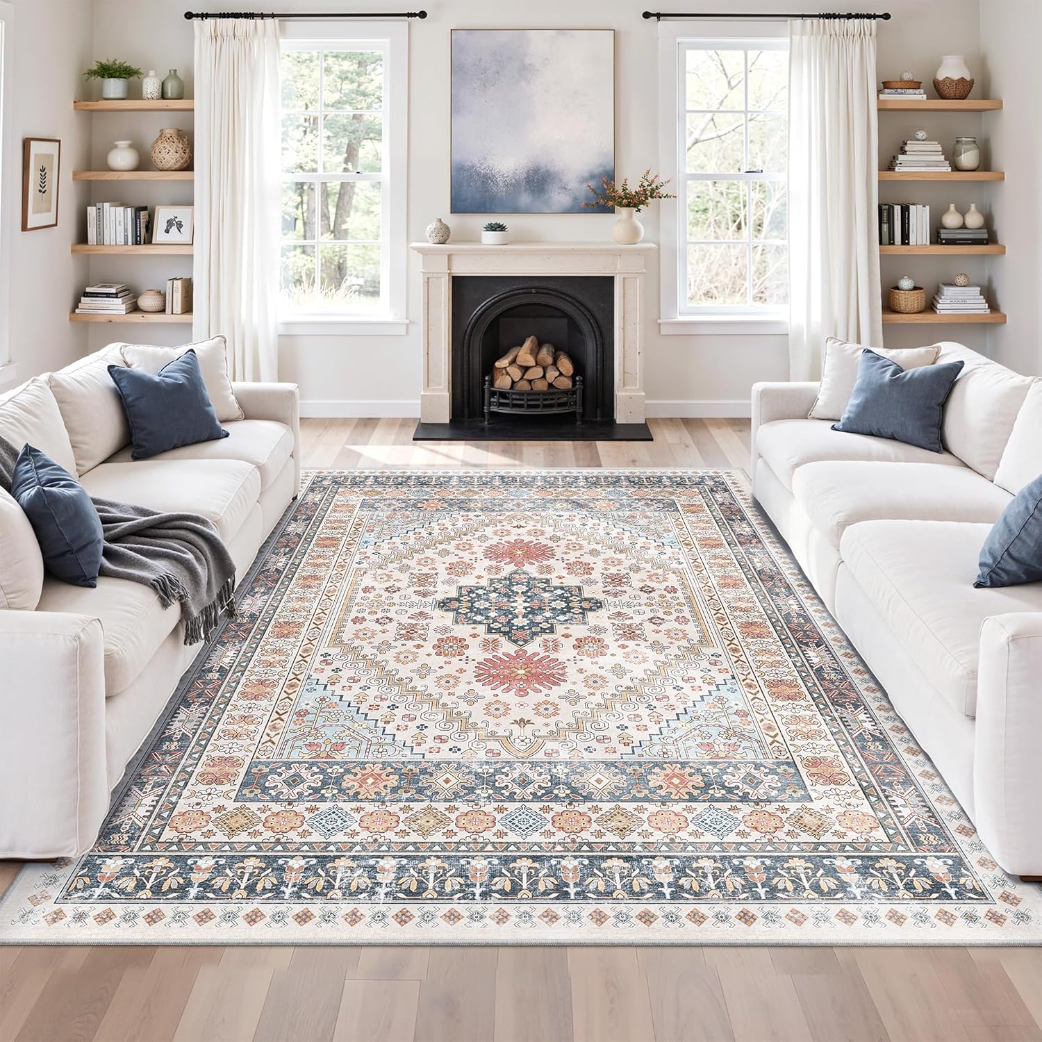 zesthome 9x12 Area Rugs for Girls Bedroom, Low Pile Machine Washable Rugs, Vintage Large Pink Rugs, Stain Resistant Nursery Room Rug, Baby Crawling Rug (Pink/Blue,9'x12')