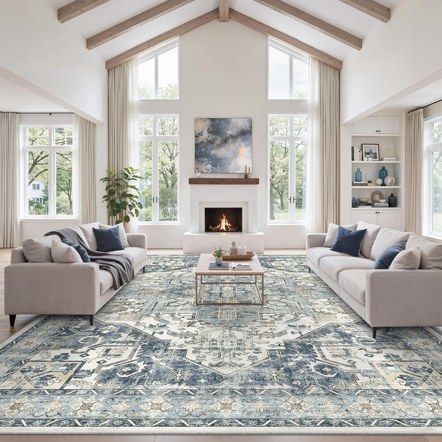 zesthome 9x12 Area Rugs for Girls Bedroom, Low Pile Machine Washable Rugs, Vintage Large Pink Rugs, Stain Resistant Nursery Room Rug, Baby Crawling Rug (Pink/Blue,9'x12')