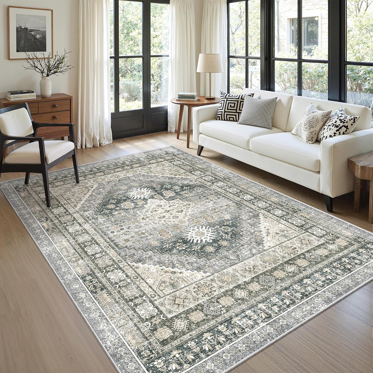 zesthome 9x12 Area Rugs for Girls Bedroom, Low Pile Machine Washable Rugs, Vintage Large Pink Rugs, Stain Resistant Nursery Room Rug, Baby Crawling Rug (Pink/Blue,9'x12')