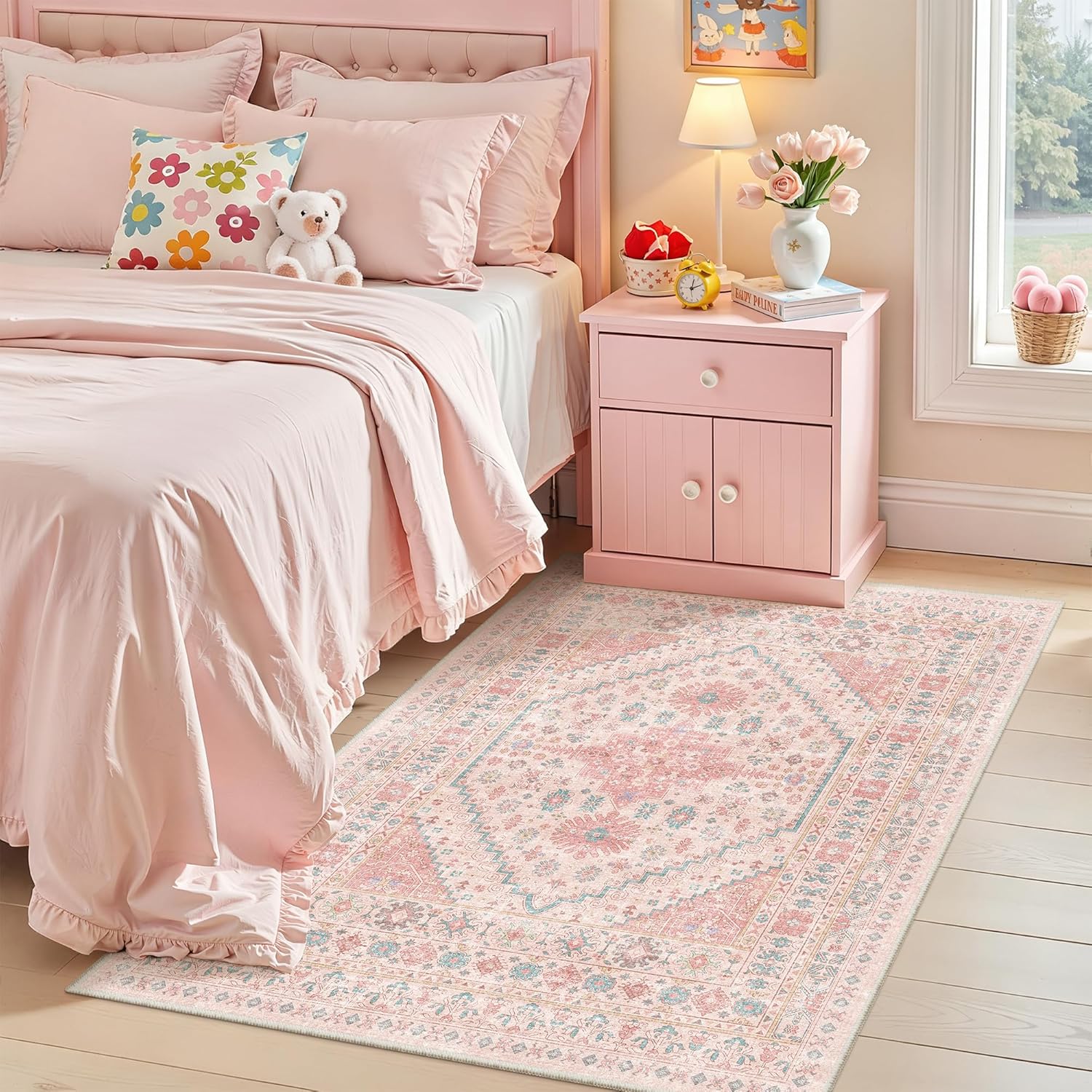 zesthome 9x12 Area Rugs for Girls Bedroom, Low Pile Machine Washable Rugs, Vintage Large Pink Rugs, Stain Resistant Nursery Room Rug, Baby Crawling Rug (Pink/Blue,9'x12')