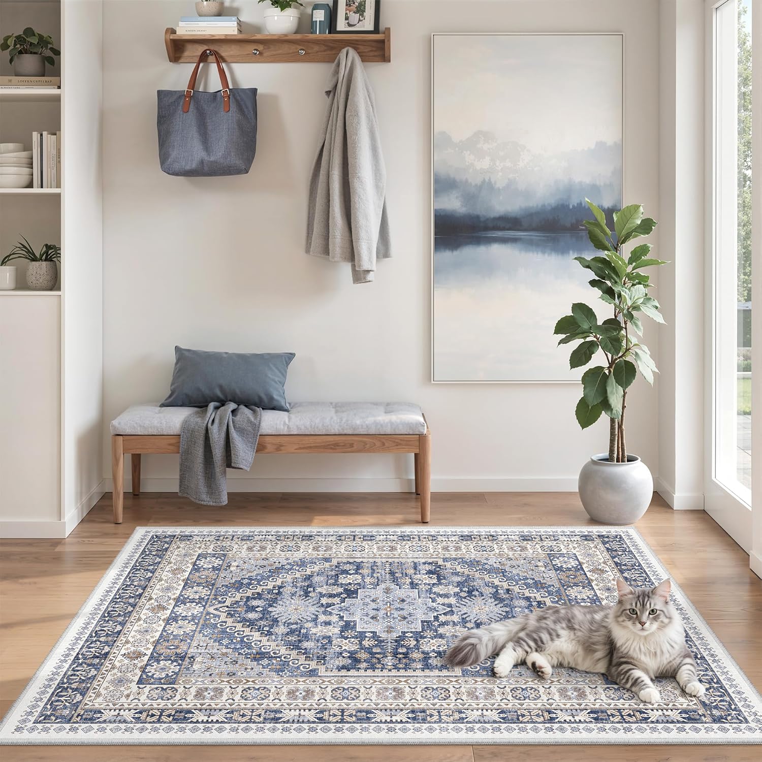 zesthome 9x12 Area Rugs for Girls Bedroom, Low Pile Machine Washable Rugs, Vintage Large Pink Rugs, Stain Resistant Nursery Room Rug, Baby Crawling Rug (Pink/Blue,9'x12')