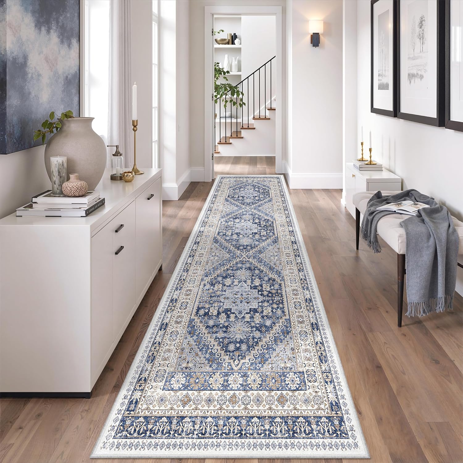 zesthome 9x12 Area Rugs for Girls Bedroom, Low Pile Machine Washable Rugs, Vintage Large Pink Rugs, Stain Resistant Nursery Room Rug, Baby Crawling Rug (Pink/Blue,9'x12')