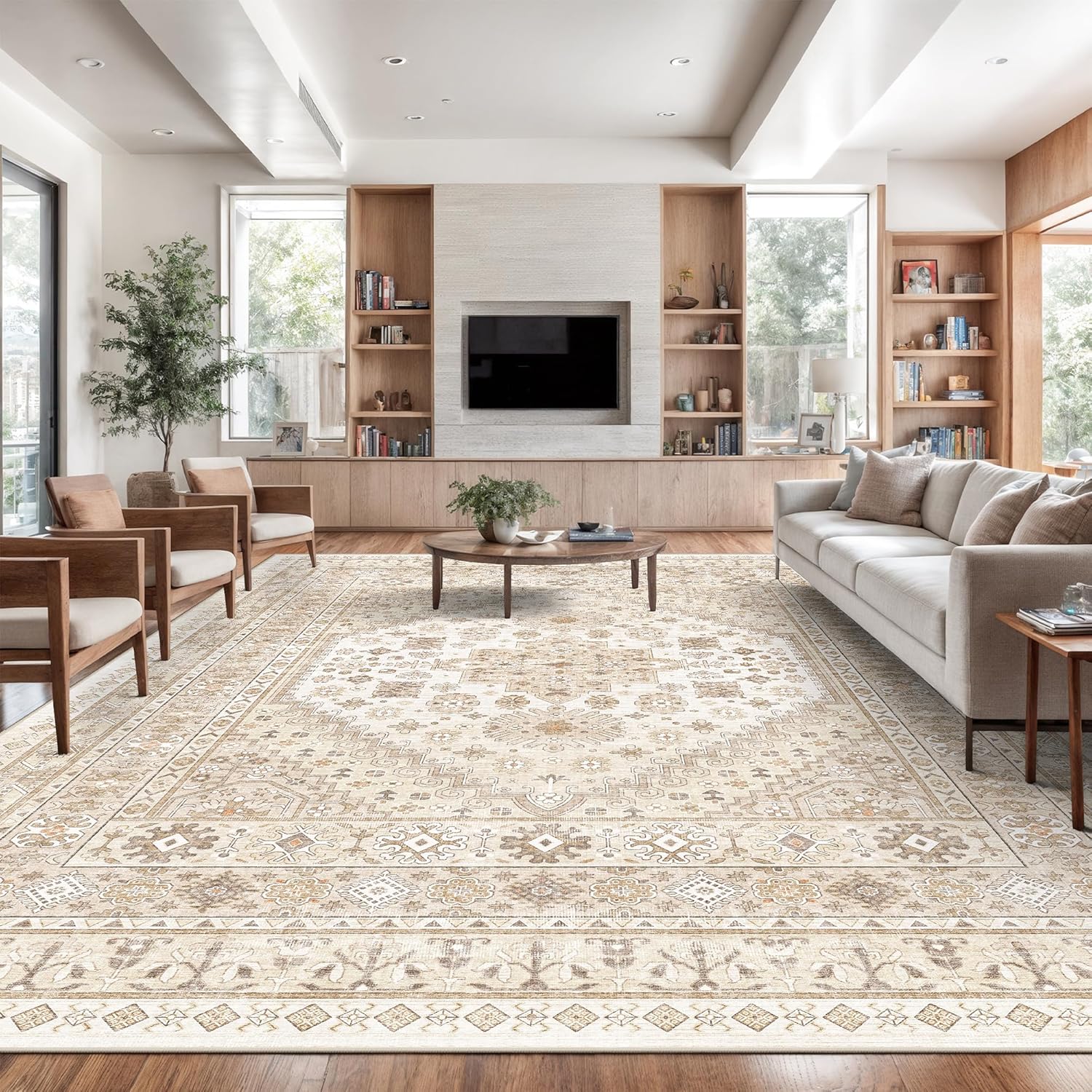 zesthome 9x12 Area Rugs for Girls Bedroom, Low Pile Machine Washable Rugs, Vintage Large Pink Rugs, Stain Resistant Nursery Room Rug, Baby Crawling Rug (Pink/Blue,9'x12')