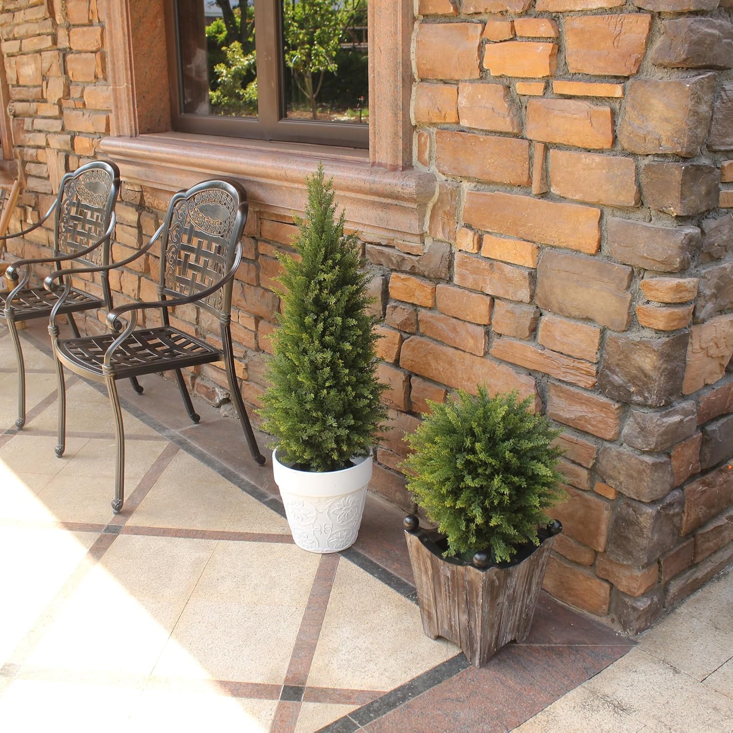 3ft Artificial Topiary Trees Artificial Cedar Trees UV Resistant Bushes Potted Set of 2 Faux Shrubs for Outdoor Indoor Front Porch Garden