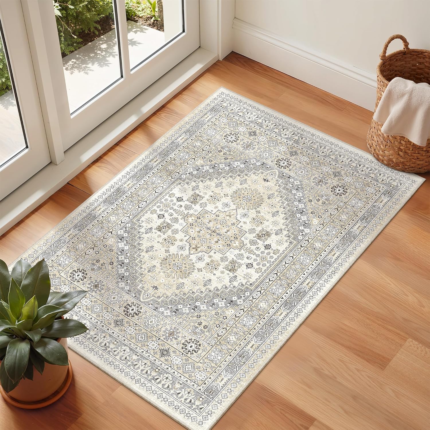 zesthome 9x12 Area Rugs for Girls Bedroom, Low Pile Machine Washable Rugs, Vintage Large Pink Rugs, Stain Resistant Nursery Room Rug, Baby Crawling Rug (Pink/Blue,9'x12')