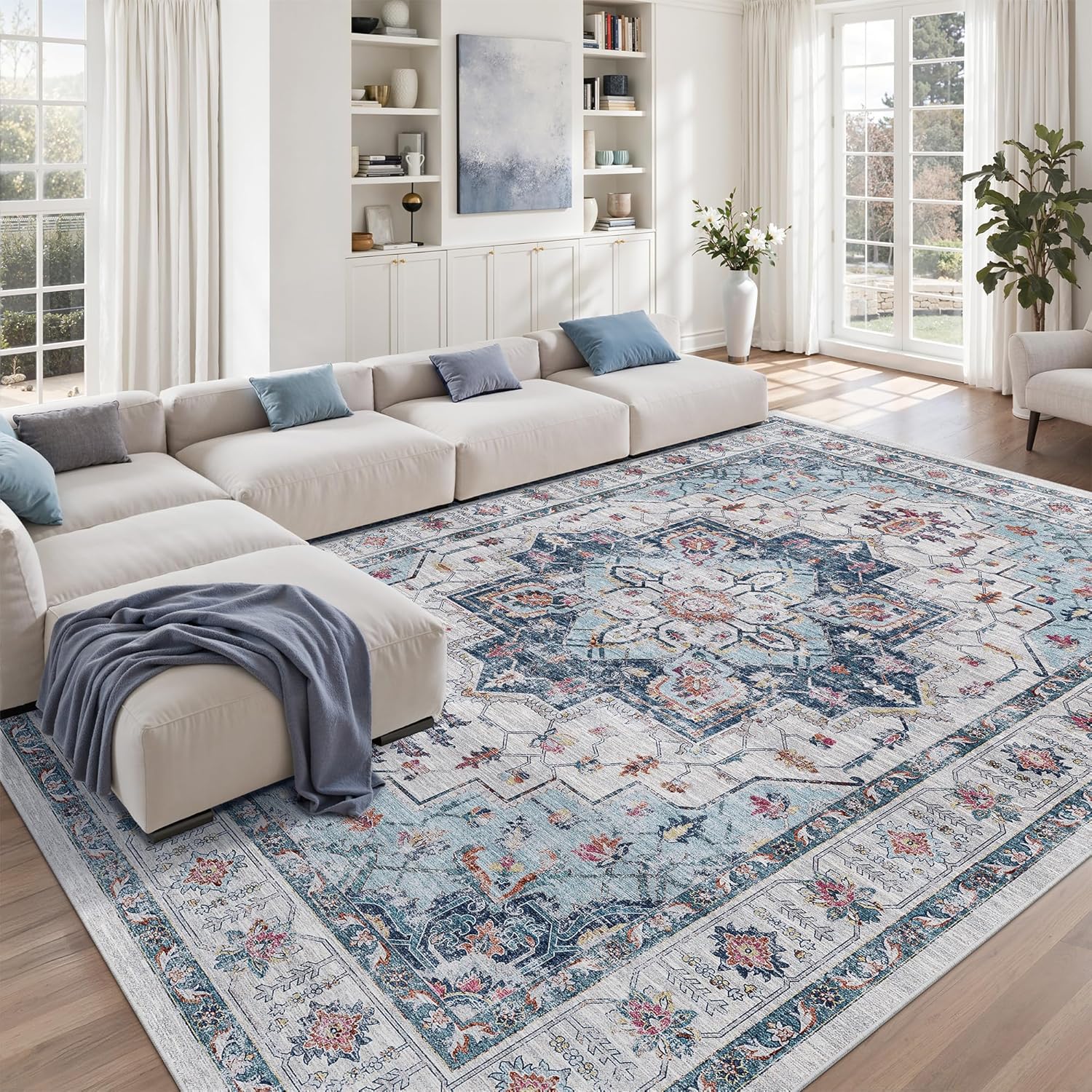 zesthome 9x12 Area Rugs for Girls Bedroom, Low Pile Machine Washable Rugs, Vintage Large Pink Rugs, Stain Resistant Nursery Room Rug, Baby Crawling Rug (Pink/Blue,9'x12')