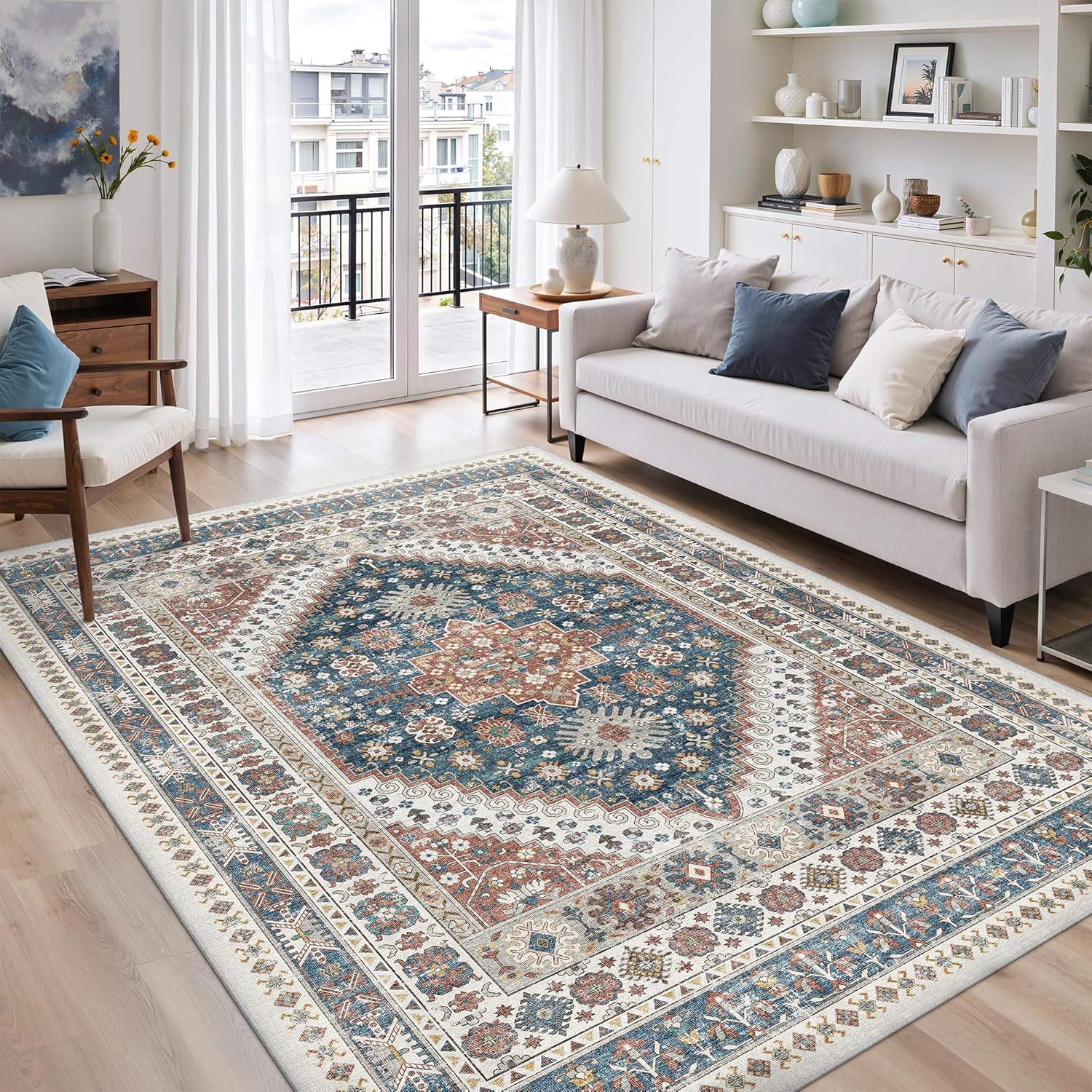 zesthome 9x12 Area Rugs for Girls Bedroom, Low Pile Machine Washable Rugs, Vintage Large Pink Rugs, Stain Resistant Nursery Room Rug, Baby Crawling Rug (Pink/Blue,9'x12')