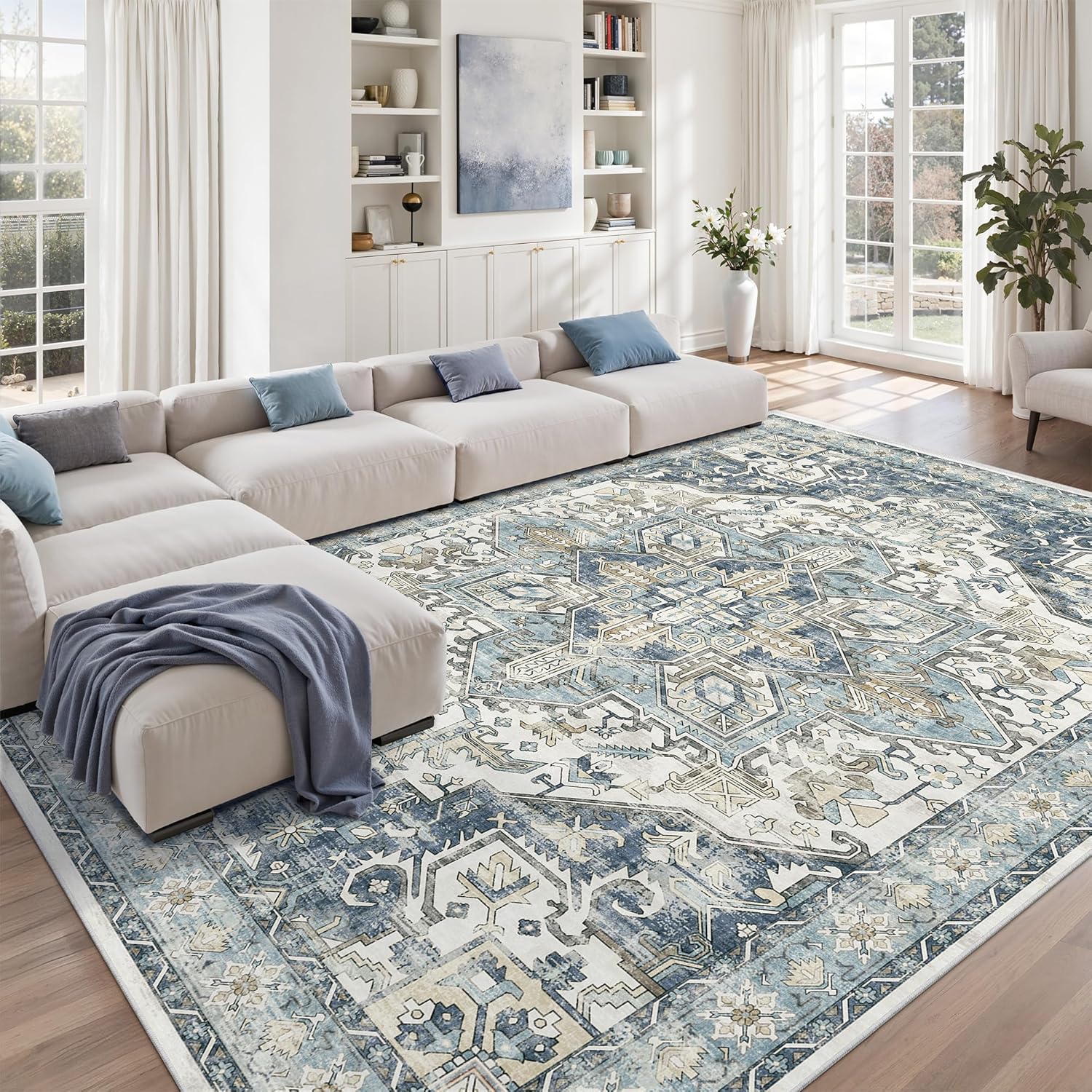 zesthome 9x12 Area Rugs for Girls Bedroom, Low Pile Machine Washable Rugs, Vintage Large Pink Rugs, Stain Resistant Nursery Room Rug, Baby Crawling Rug (Pink/Blue,9'x12')