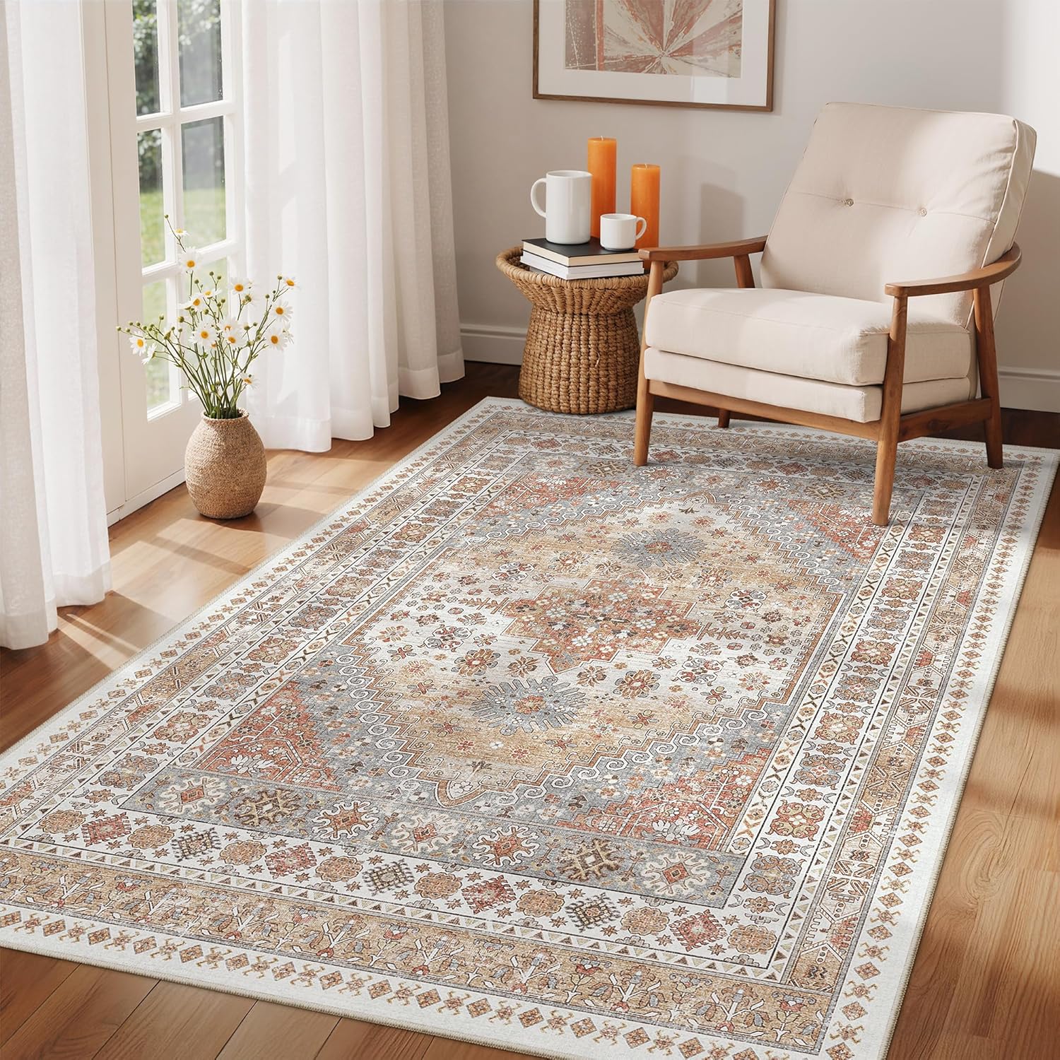 zesthome 9x12 Area Rugs for Girls Bedroom, Low Pile Machine Washable Rugs, Vintage Large Pink Rugs, Stain Resistant Nursery Room Rug, Baby Crawling Rug (Pink/Blue,9'x12')