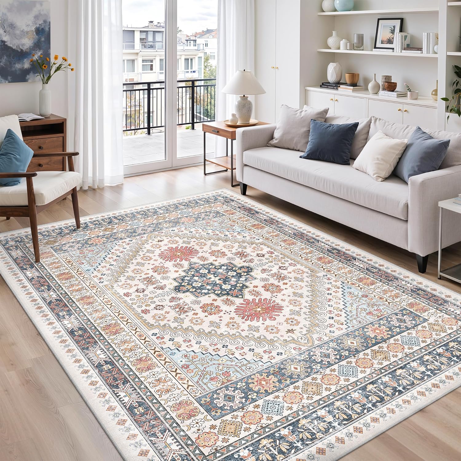 zesthome 9x12 Area Rugs for Girls Bedroom, Low Pile Machine Washable Rugs, Vintage Large Pink Rugs, Stain Resistant Nursery Room Rug, Baby Crawling Rug (Pink/Blue,9'x12')