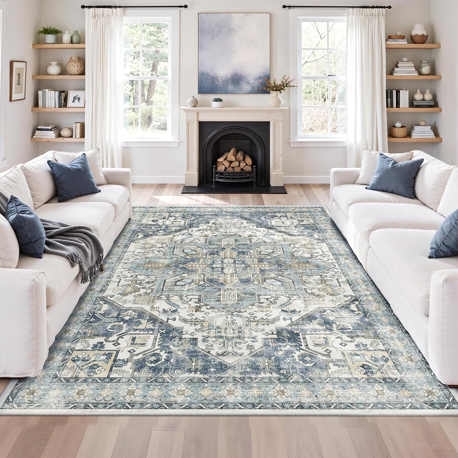 zesthome 9x12 Area Rugs for Girls Bedroom, Low Pile Machine Washable Rugs, Vintage Large Pink Rugs, Stain Resistant Nursery Room Rug, Baby Crawling Rug (Pink/Blue,9'x12')