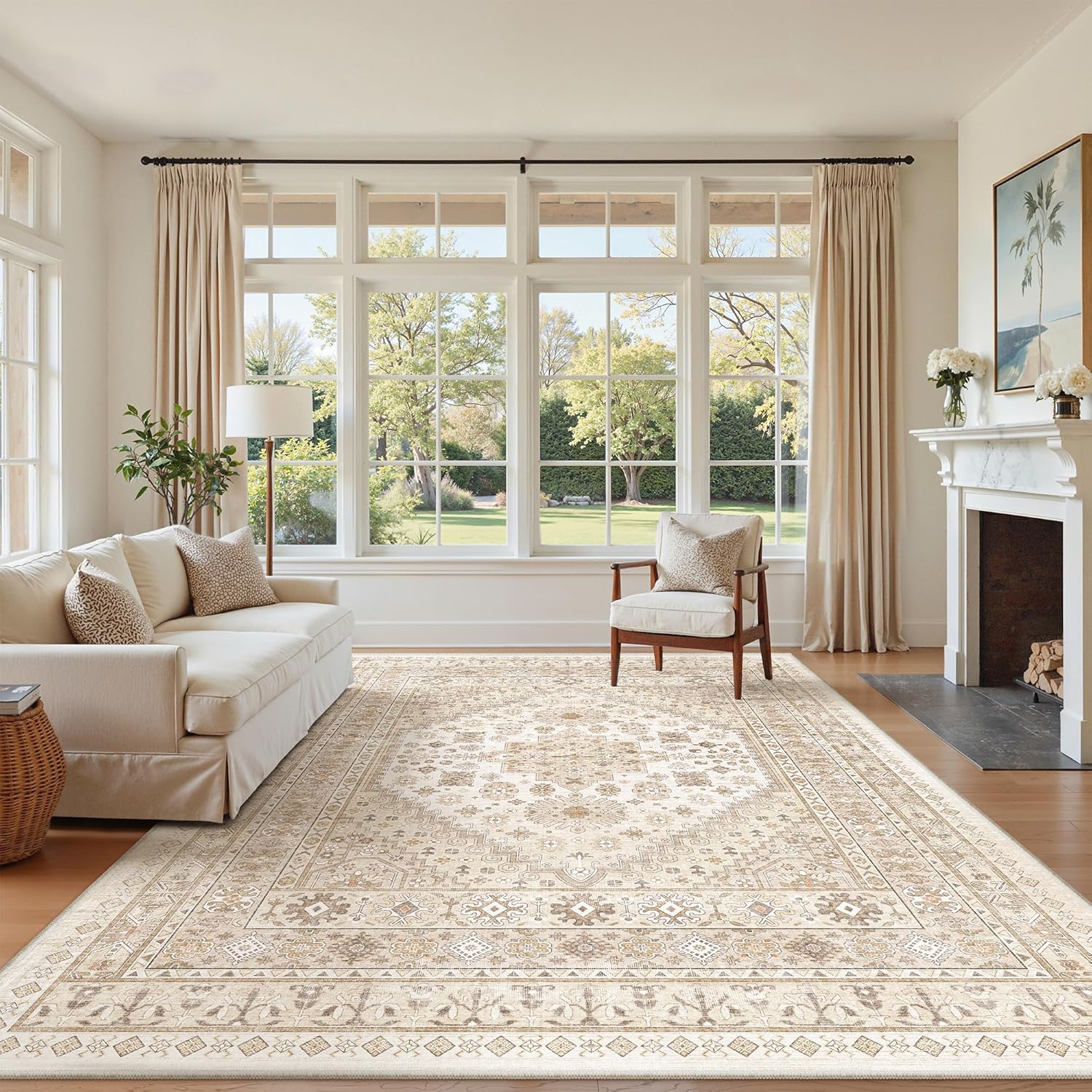 zesthome 9x12 Area Rugs for Girls Bedroom, Low Pile Machine Washable Rugs, Vintage Large Pink Rugs, Stain Resistant Nursery Room Rug, Baby Crawling Rug (Pink/Blue,9'x12')