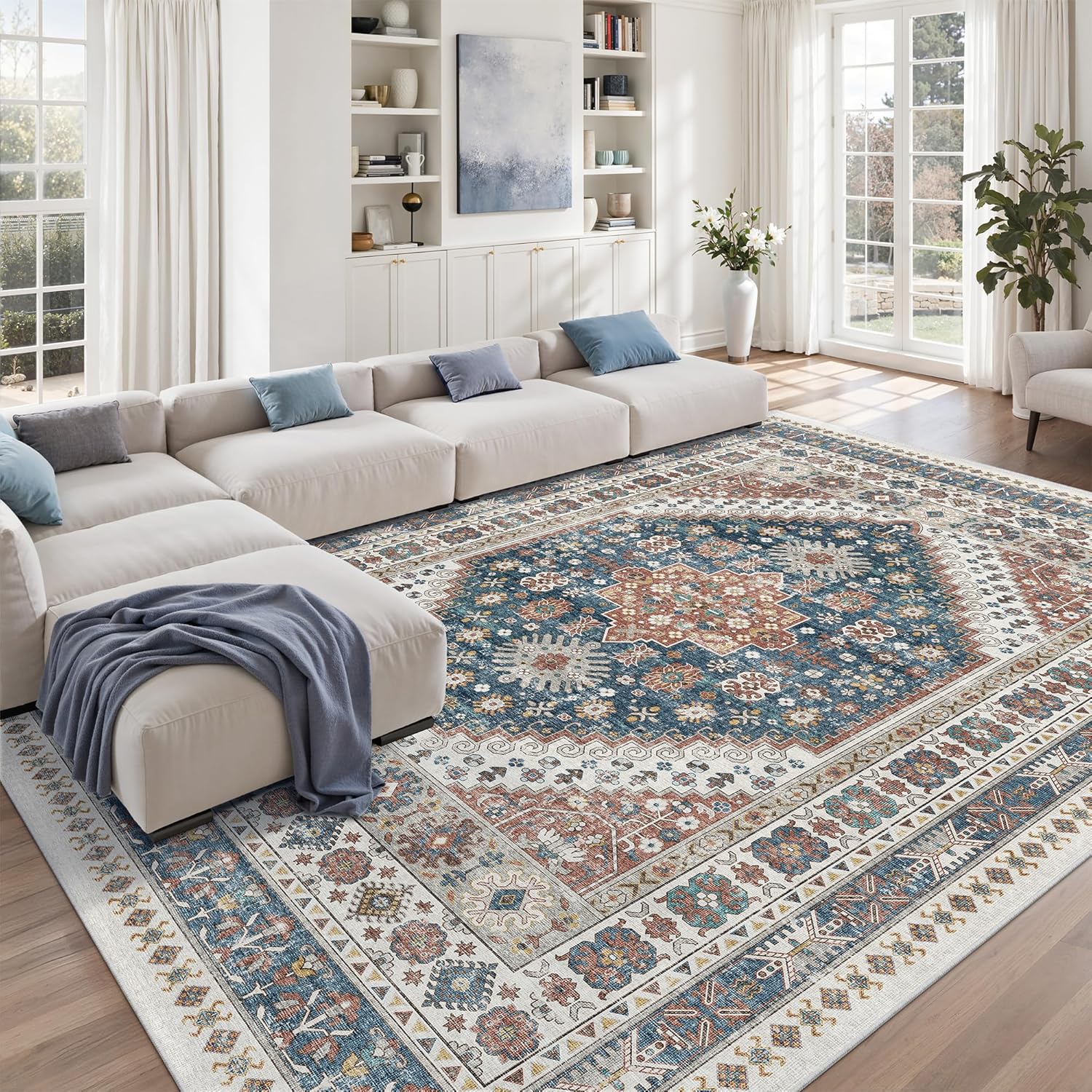 zesthome 9x12 Area Rugs for Girls Bedroom, Low Pile Machine Washable Rugs, Vintage Large Pink Rugs, Stain Resistant Nursery Room Rug, Baby Crawling Rug (Pink/Blue,9'x12')