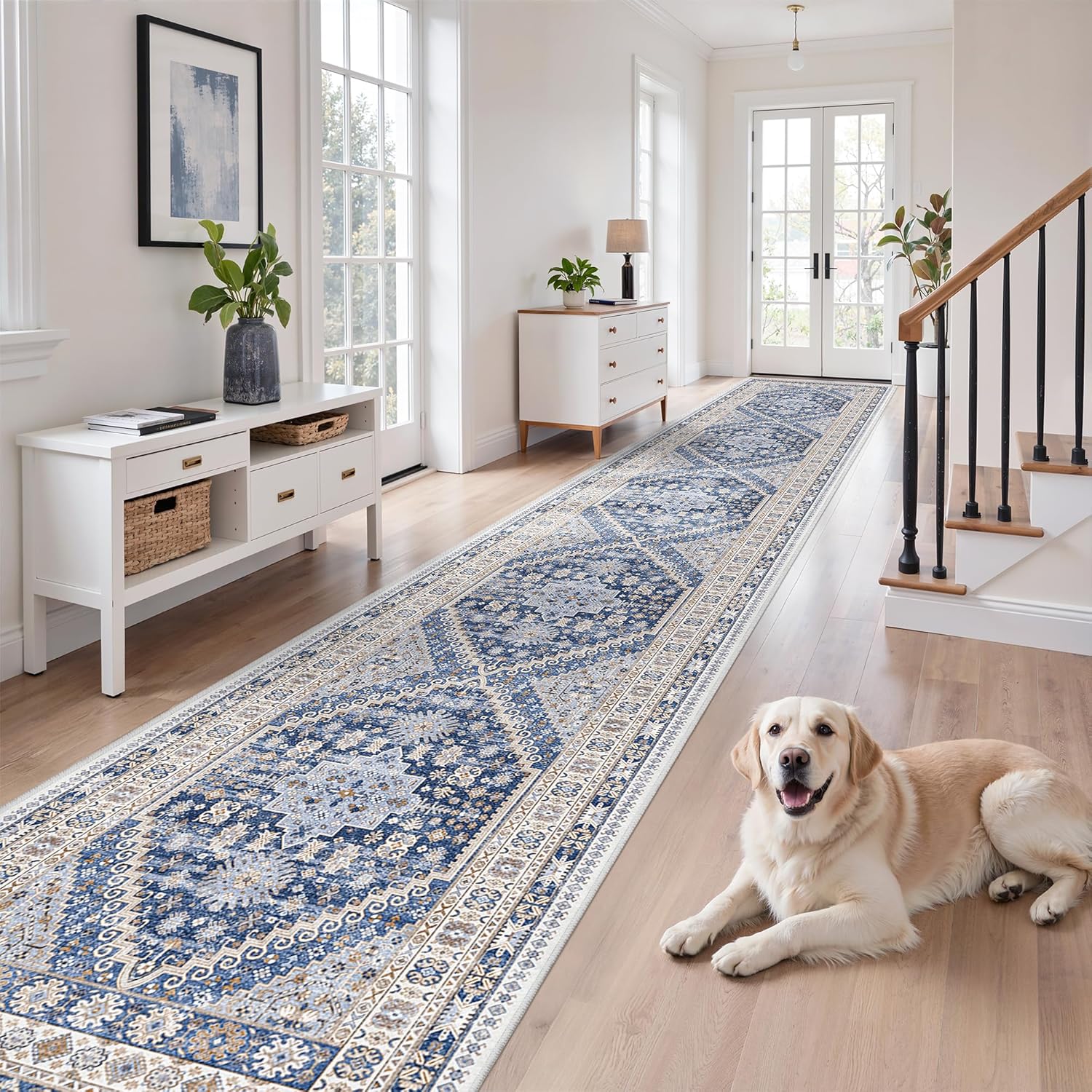 zesthome 9x12 Area Rugs for Girls Bedroom, Low Pile Machine Washable Rugs, Vintage Large Pink Rugs, Stain Resistant Nursery Room Rug, Baby Crawling Rug (Pink/Blue,9'x12')