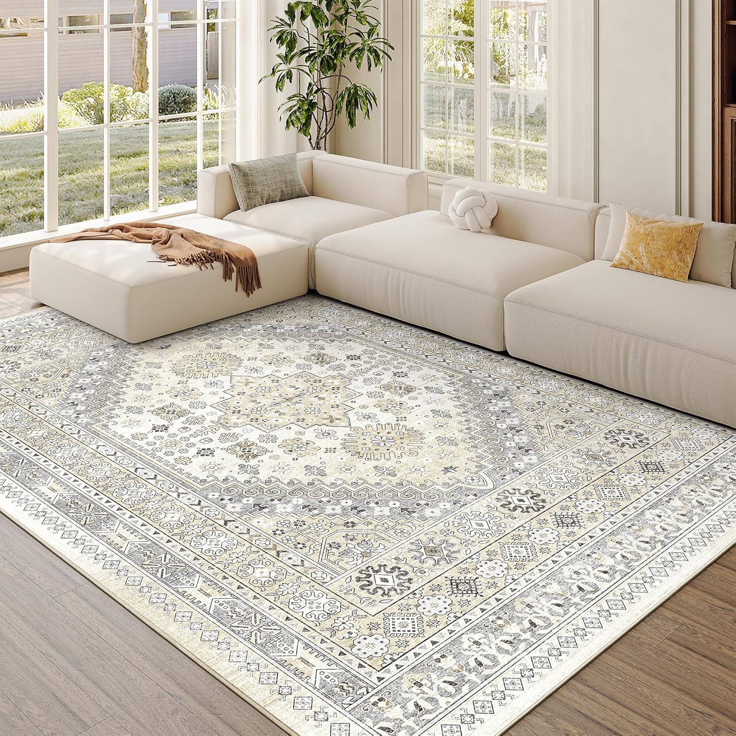 zesthome 9x12 Area Rugs for Girls Bedroom, Low Pile Machine Washable Rugs, Vintage Large Pink Rugs, Stain Resistant Nursery Room Rug, Baby Crawling Rug (Pink/Blue,9'x12')