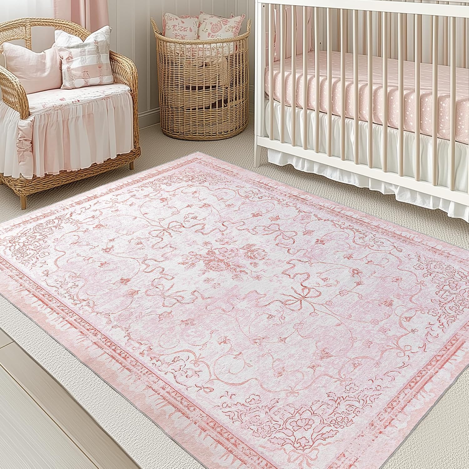 REBBORUG Pink Area Rugs for Bedroom Nursery 6x9 - Teen Girls Coquette Cute Room Decor Aesthetic Washable Vintage Cottage Core Floral Bow Dorm Rug for College Playroom
