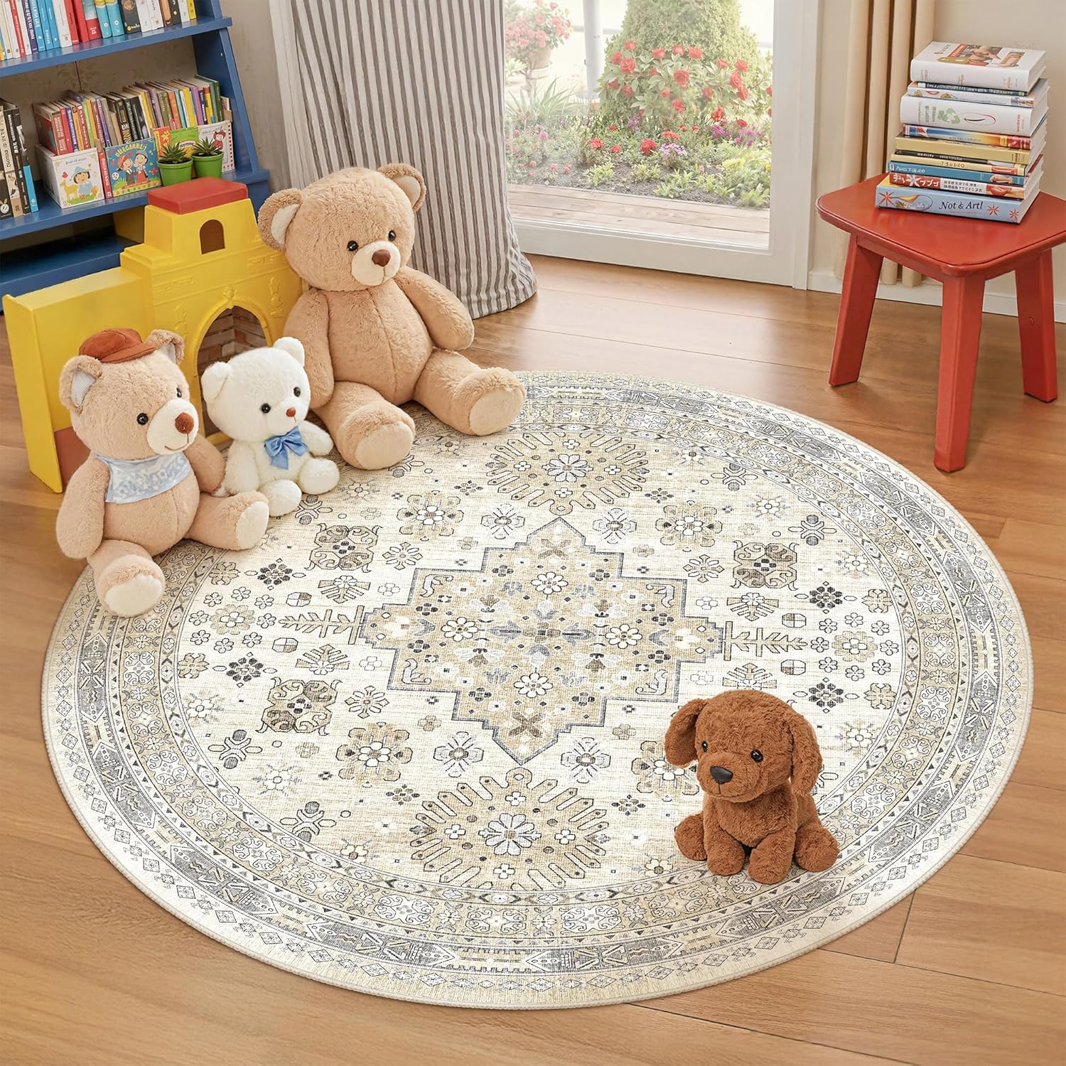 zesthome 9x12 Area Rugs for Girls Bedroom, Low Pile Machine Washable Rugs, Vintage Large Pink Rugs, Stain Resistant Nursery Room Rug, Baby Crawling Rug (Pink/Blue,9'x12')