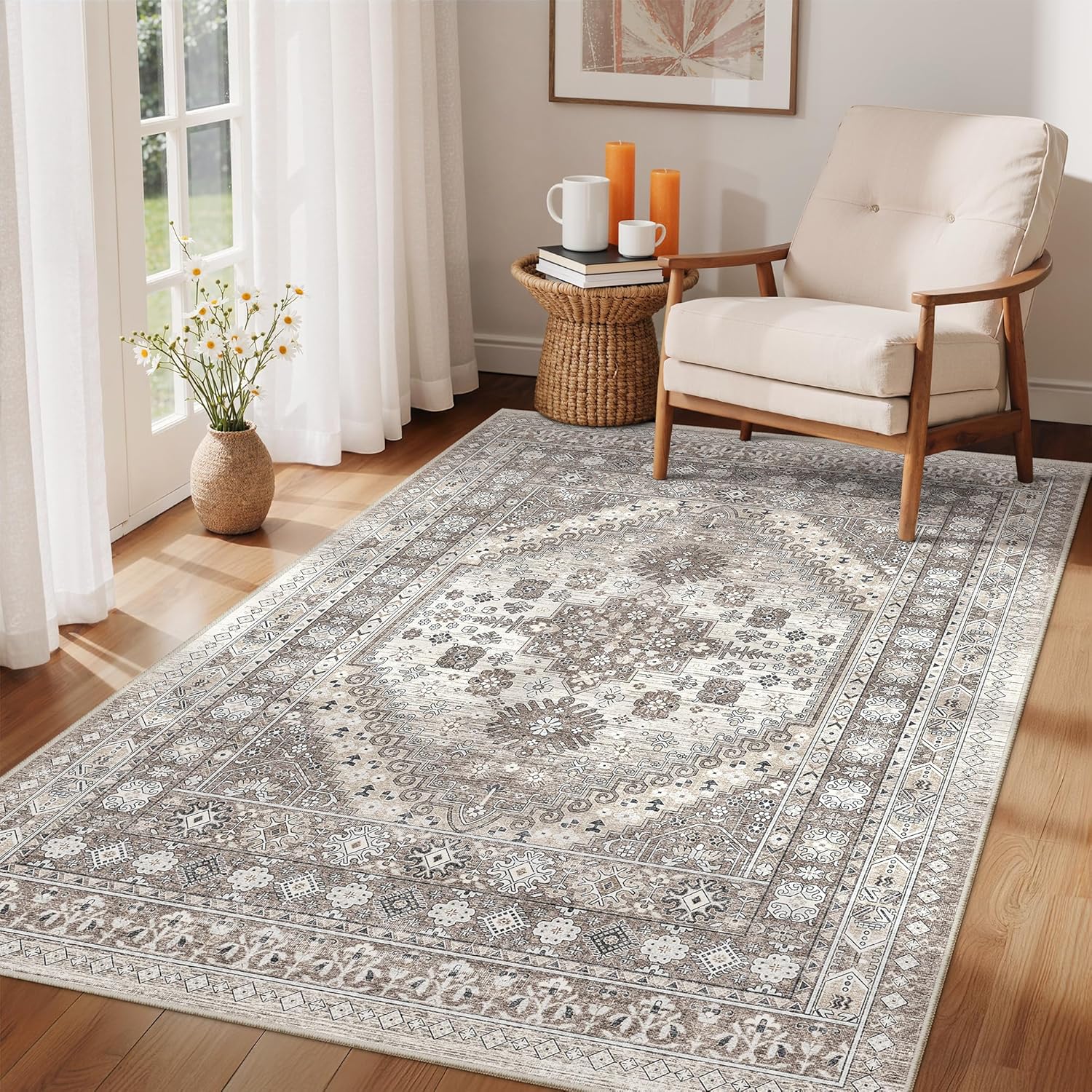 zesthome 9x12 Area Rugs for Girls Bedroom, Low Pile Machine Washable Rugs, Vintage Large Pink Rugs, Stain Resistant Nursery Room Rug, Baby Crawling Rug (Pink/Blue,9'x12')