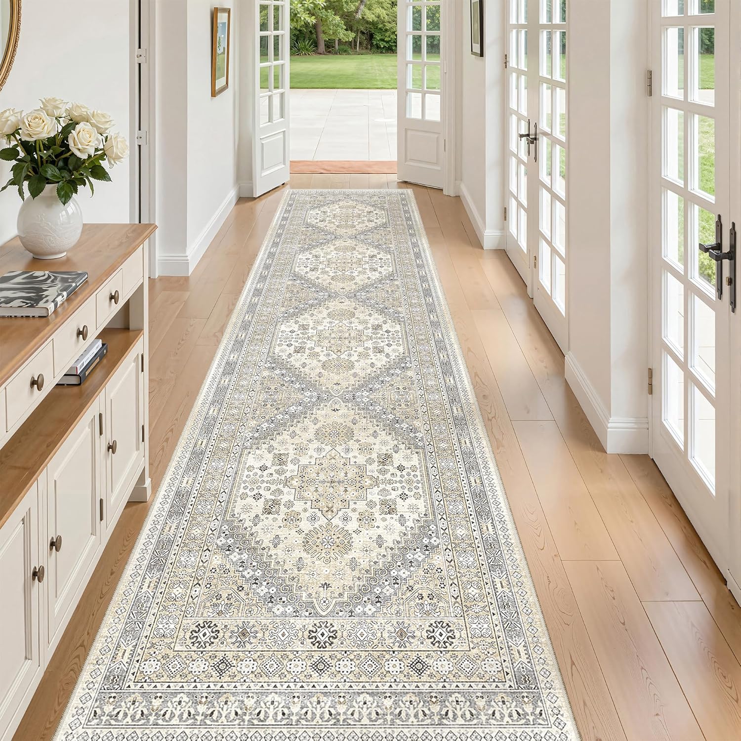 zesthome 9x12 Area Rugs for Girls Bedroom, Low Pile Machine Washable Rugs, Vintage Large Pink Rugs, Stain Resistant Nursery Room Rug, Baby Crawling Rug (Pink/Blue,9'x12')