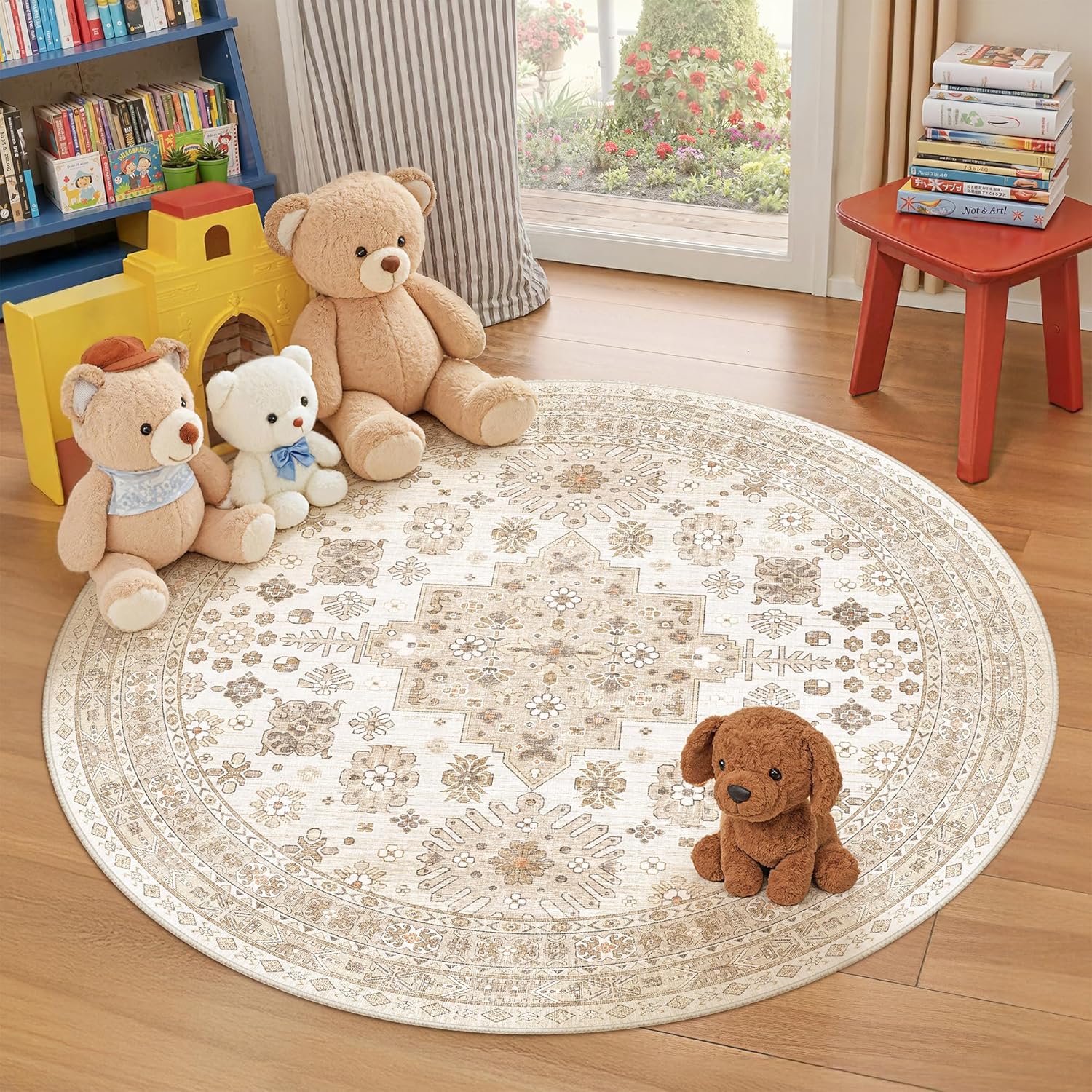 zesthome 9x12 Area Rugs for Girls Bedroom, Low Pile Machine Washable Rugs, Vintage Large Pink Rugs, Stain Resistant Nursery Room Rug, Baby Crawling Rug (Pink/Blue,9'x12')