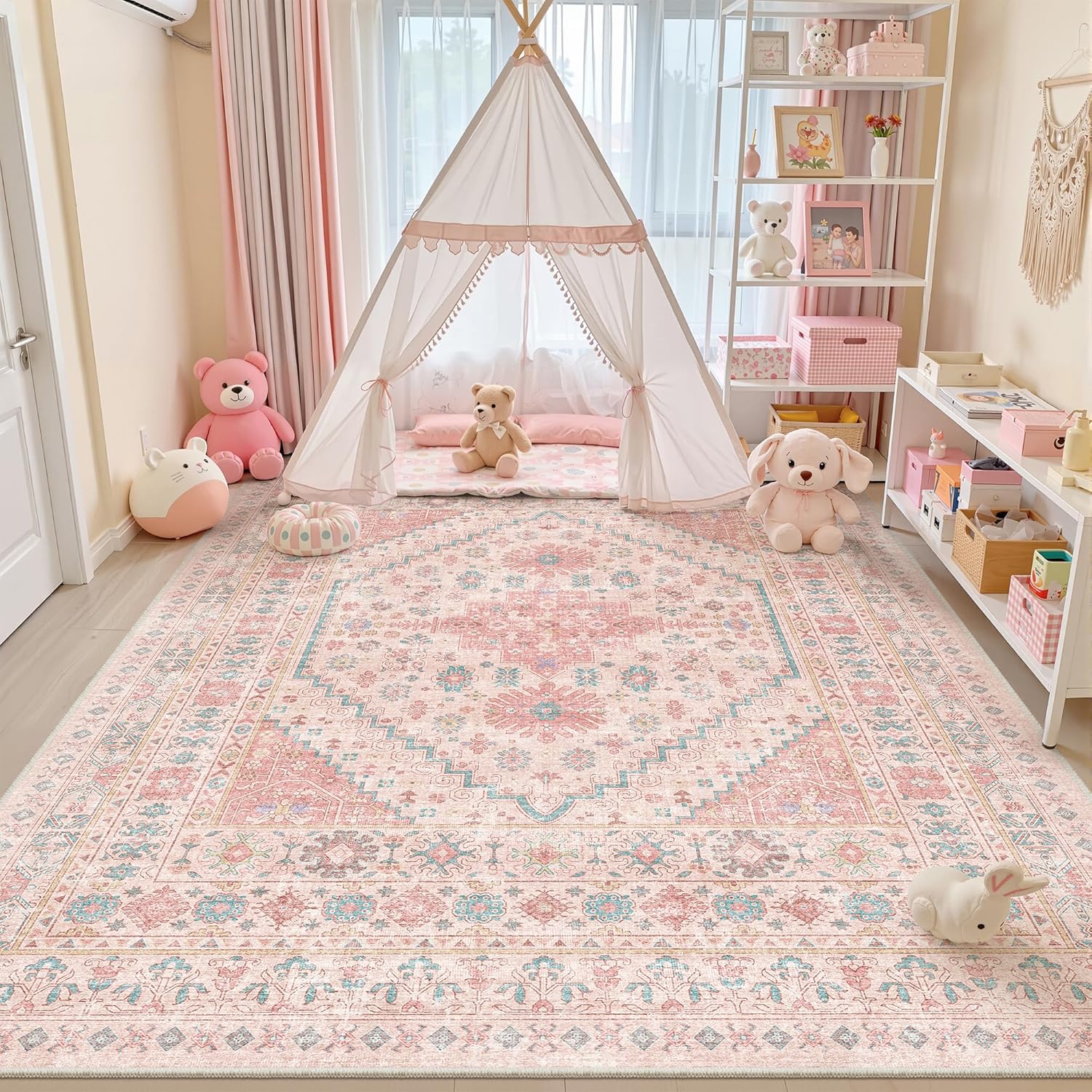 zesthome 9x12 Area Rugs for Girls Bedroom, Low Pile Machine Washable Rugs, Vintage Large Pink Rugs, Stain Resistant Nursery Room Rug, Baby Crawling Rug (Pink/Blue,9'x12')
