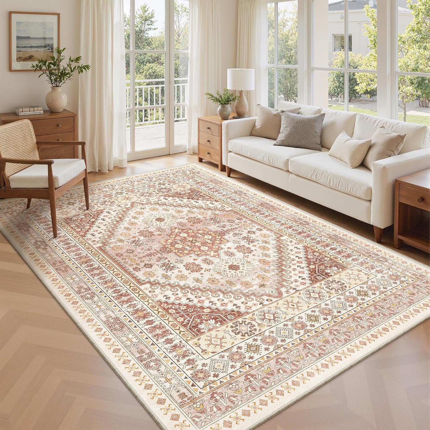 zesthome 9x12 Area Rugs for Girls Bedroom, Low Pile Machine Washable Rugs, Vintage Large Pink Rugs, Stain Resistant Nursery Room Rug, Baby Crawling Rug (Pink/Blue,9'x12')