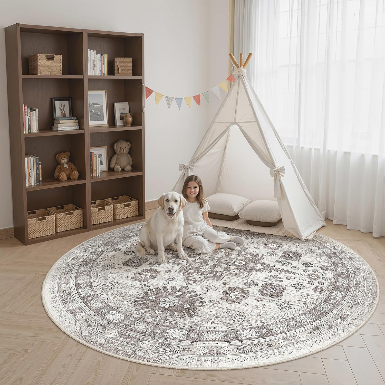 zesthome 9x12 Area Rugs for Girls Bedroom, Low Pile Machine Washable Rugs, Vintage Large Pink Rugs, Stain Resistant Nursery Room Rug, Baby Crawling Rug (Pink/Blue,9'x12')