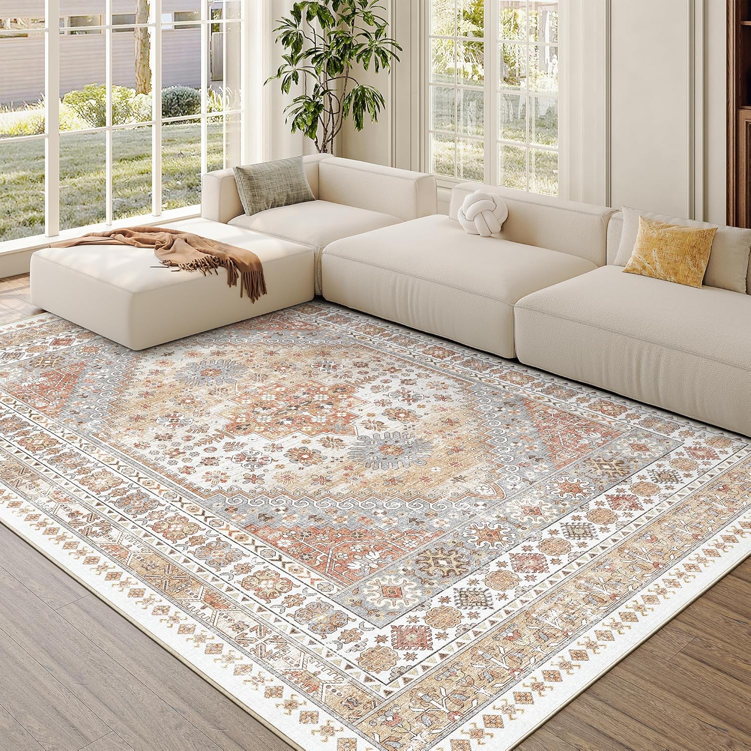 zesthome 9x12 Area Rugs for Girls Bedroom, Low Pile Machine Washable Rugs, Vintage Large Pink Rugs, Stain Resistant Nursery Room Rug, Baby Crawling Rug (Pink/Blue,9'x12')