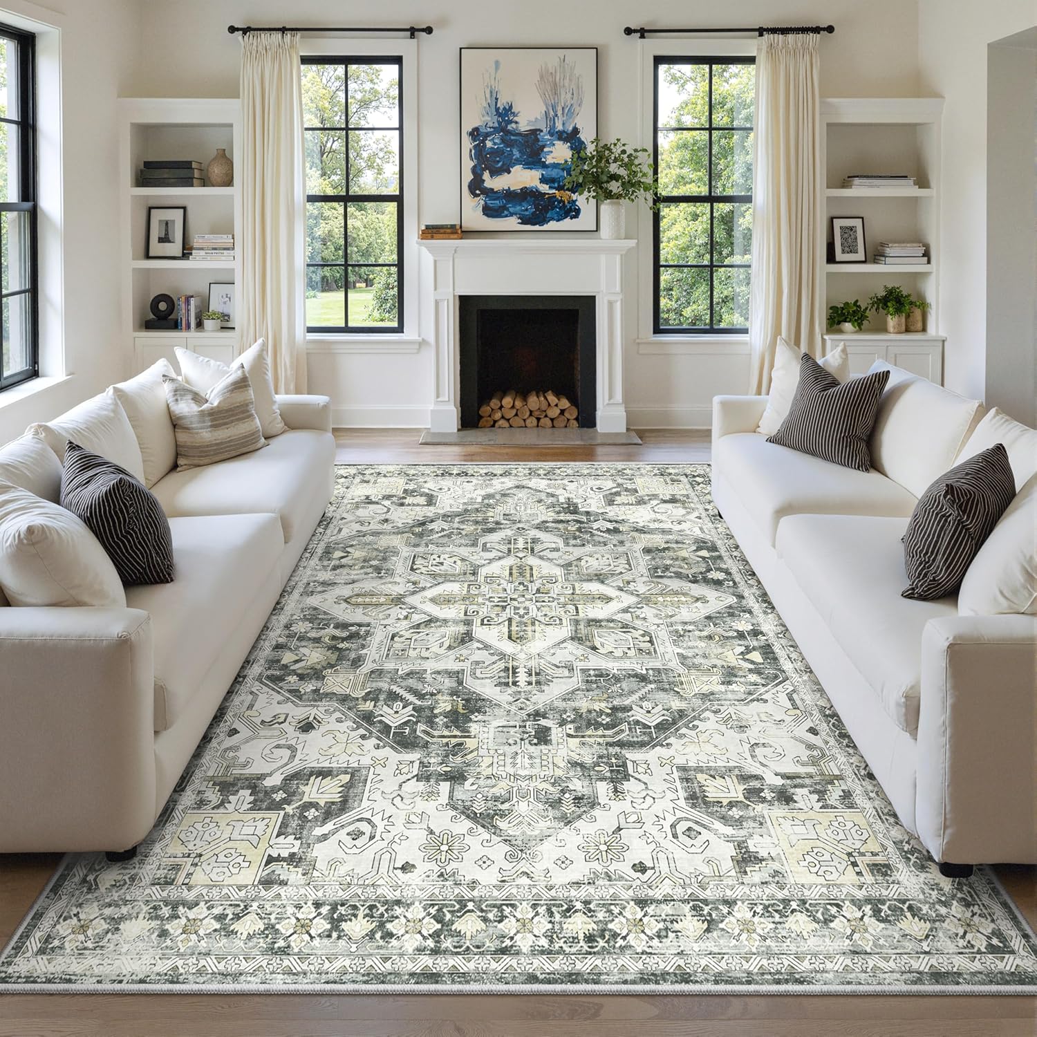 zesthome 9x12 Area Rugs for Girls Bedroom, Low Pile Machine Washable Rugs, Vintage Large Pink Rugs, Stain Resistant Nursery Room Rug, Baby Crawling Rug (Pink/Blue,9'x12')