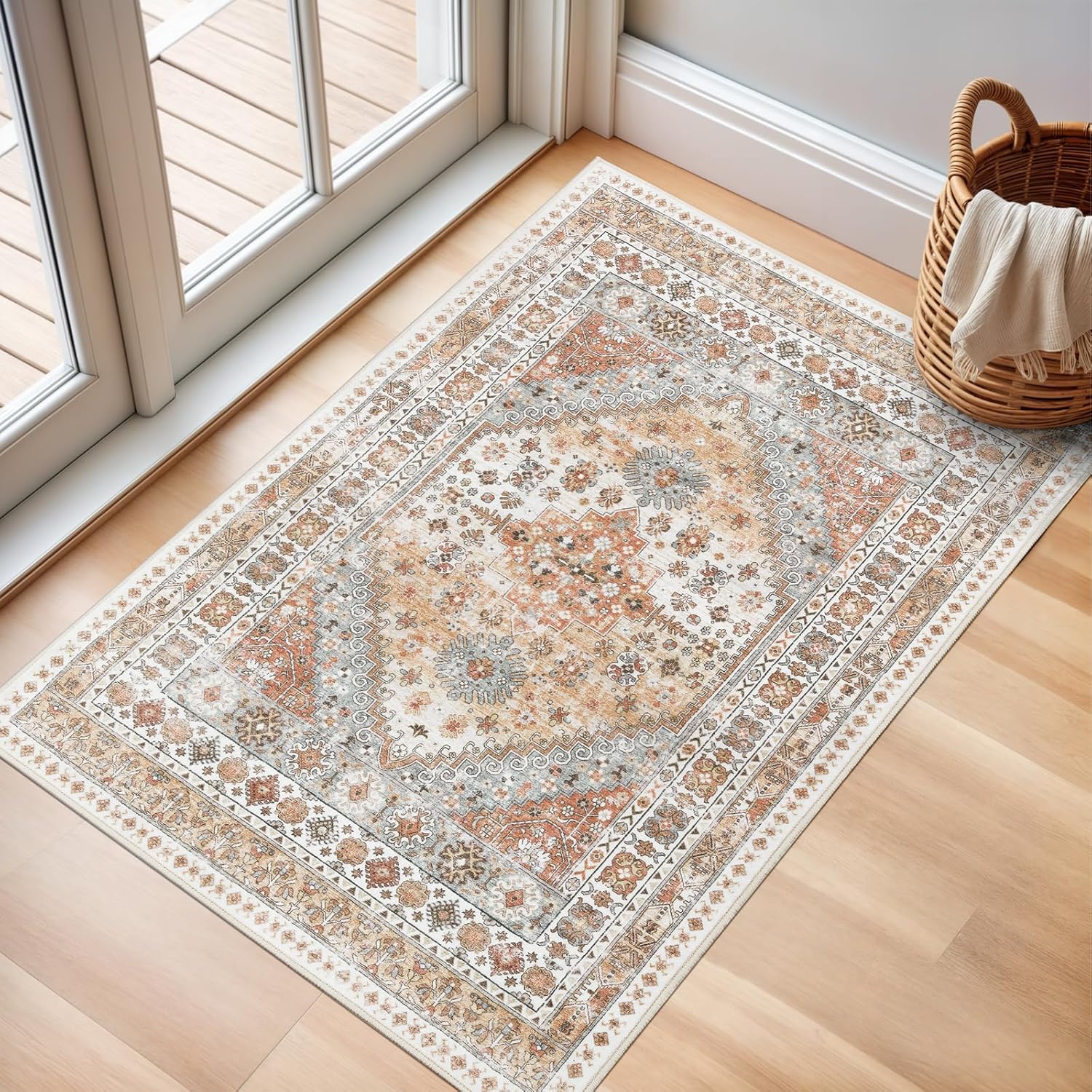 zesthome 9x12 Area Rugs for Girls Bedroom, Low Pile Machine Washable Rugs, Vintage Large Pink Rugs, Stain Resistant Nursery Room Rug, Baby Crawling Rug (Pink/Blue,9'x12')