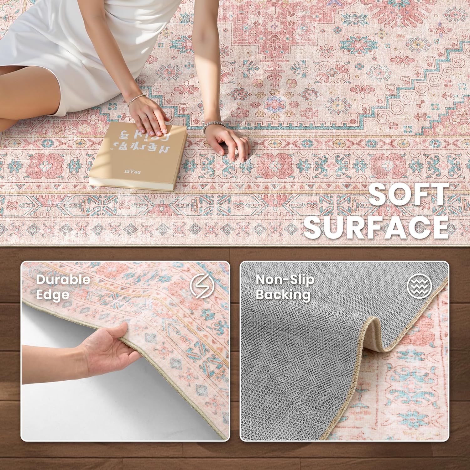 zesthome 9x12 Area Rugs for Girls Bedroom, Low Pile Machine Washable Rugs, Vintage Large Pink Rugs, Stain Resistant Nursery Room Rug, Baby Crawling Rug (Pink/Blue,9'x12')